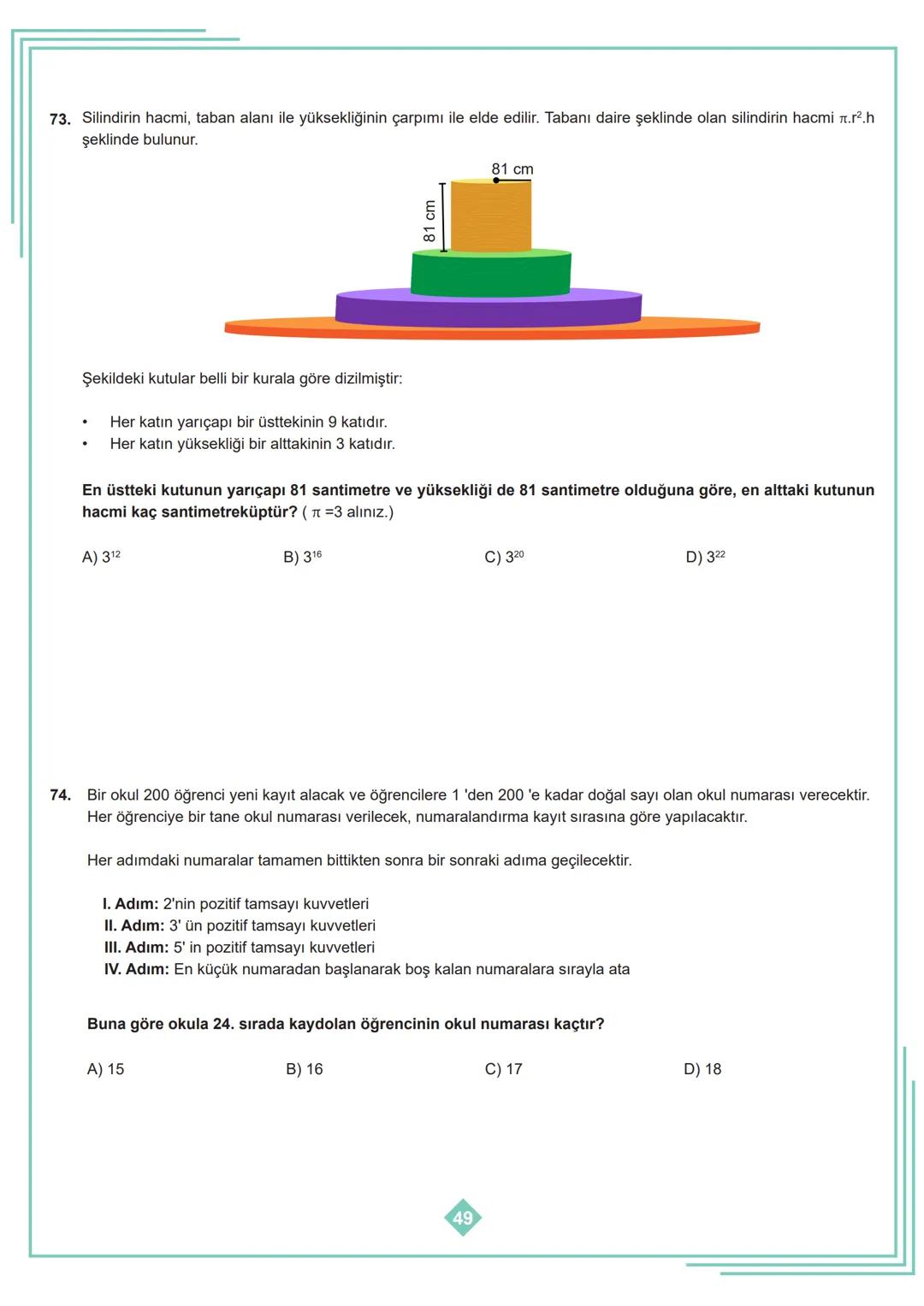 8. SINIF 1. ÜNİTE
ÇALIŞMA FASİKÜLÜ
MATEMATİK
Bu kitapçık İSTANBUL Ölçme Değerlendirme Merkezi
tarafından hazırlanmıştır. 1. Aşağıdaki tablod
