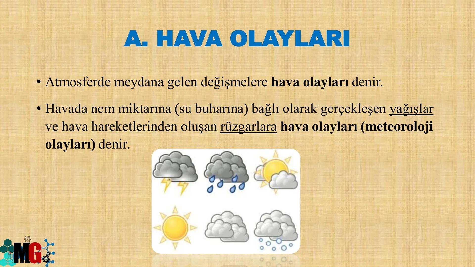 # İKLİM VE HAVA HAREKETLERİ
HAZIRLAYAN: MURAT GÜRBUZ MG
A. HAVA OLAYLARI
• Atmosferde meydana gelen değişmelere hava olayları denir.
• Hava