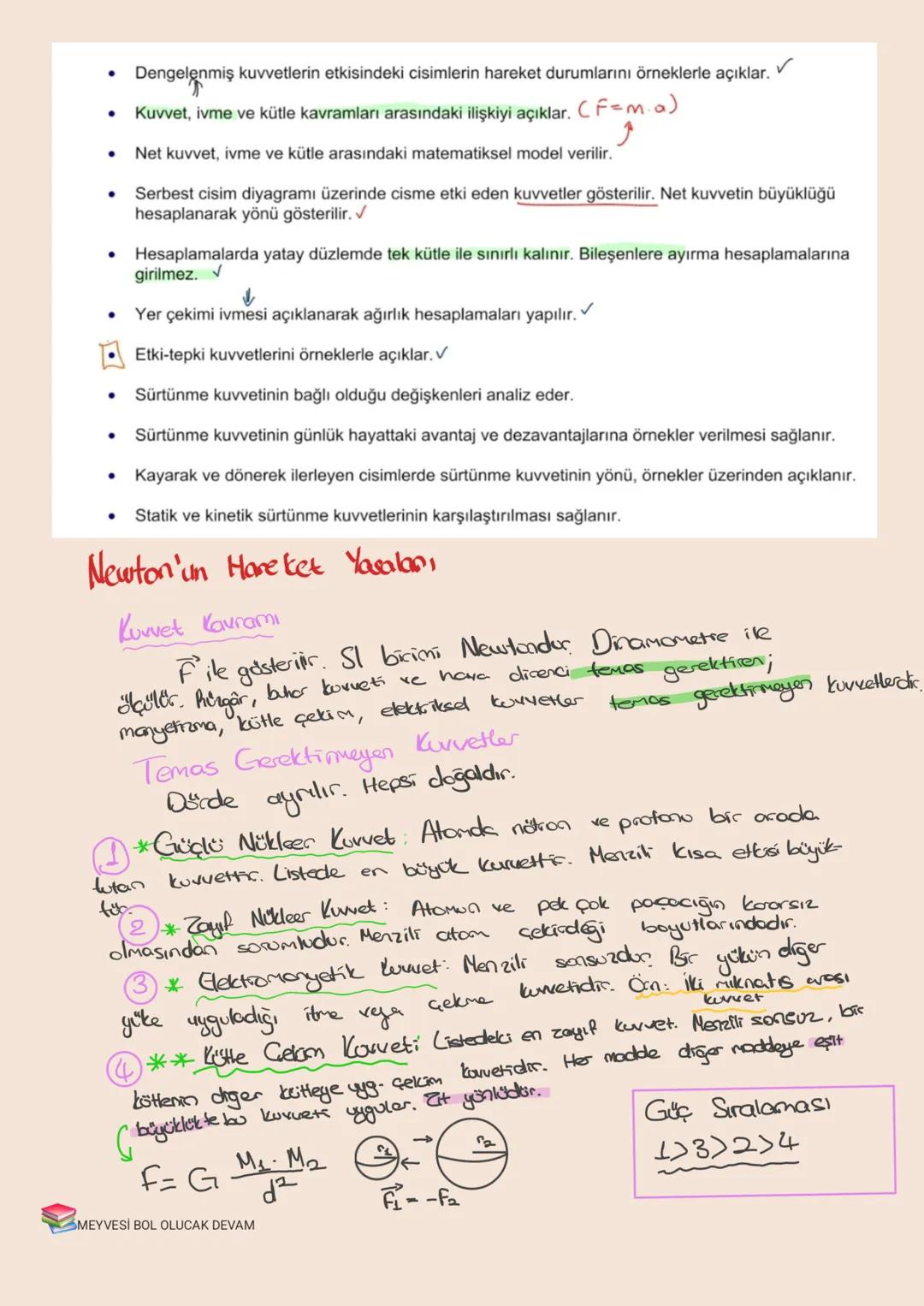 Dengelenmiş kuvvetlerin etkisindeki cisimlerin hareket durumlarını örneklerle açıklar.
Kuvvet, ivme ve kütle kavramları arasındaki ilişkiyi