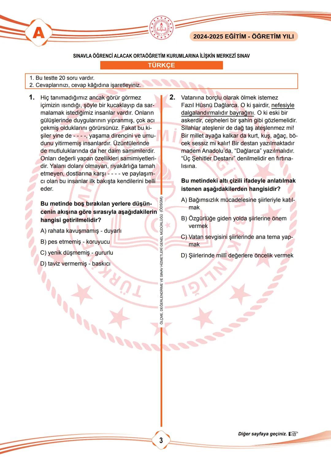 2025 SÖZEL BÖLÜM
T.C.
MİLLÎ EĞİTİM BAKANLIĞI
ÖLÇME, DEĞERLENDİRME VE SINAV HİZMETLERİ GENEL MÜDÜRLÜĞÜ
SINAVLA ÖĞRENCİ ALACAK ORTAÖĞRETİM
KUR