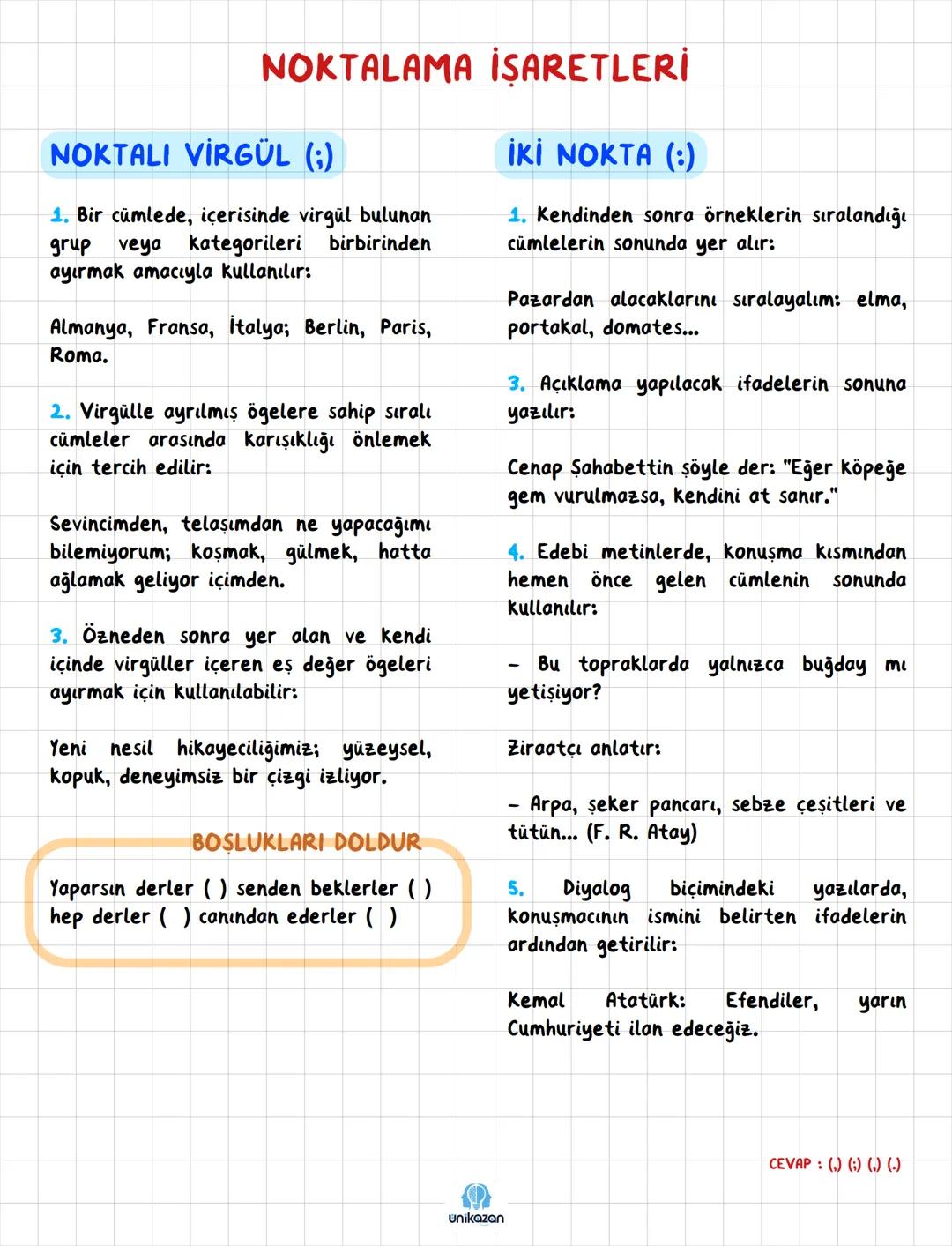 TAMAMI
EL YAZILI
unikazan
ÜNİKAZAN
HIZLI
NOTLAR
ÖSYM' nin en sık sorduğu kalıplardan
oluşan notlar
NOKTALAMA
İŞARETLERİ NOKTA (.)
NOKTALAMA