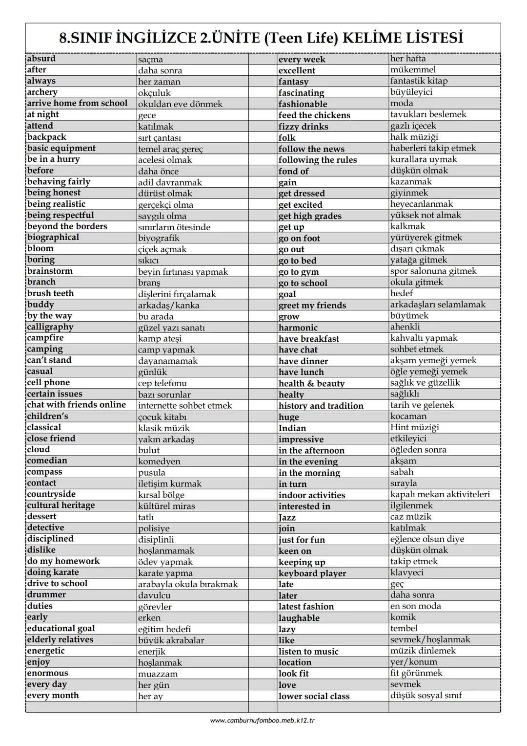 8. Sınıf İngilizce 2. Ünite Teen Life Kelimeleri
