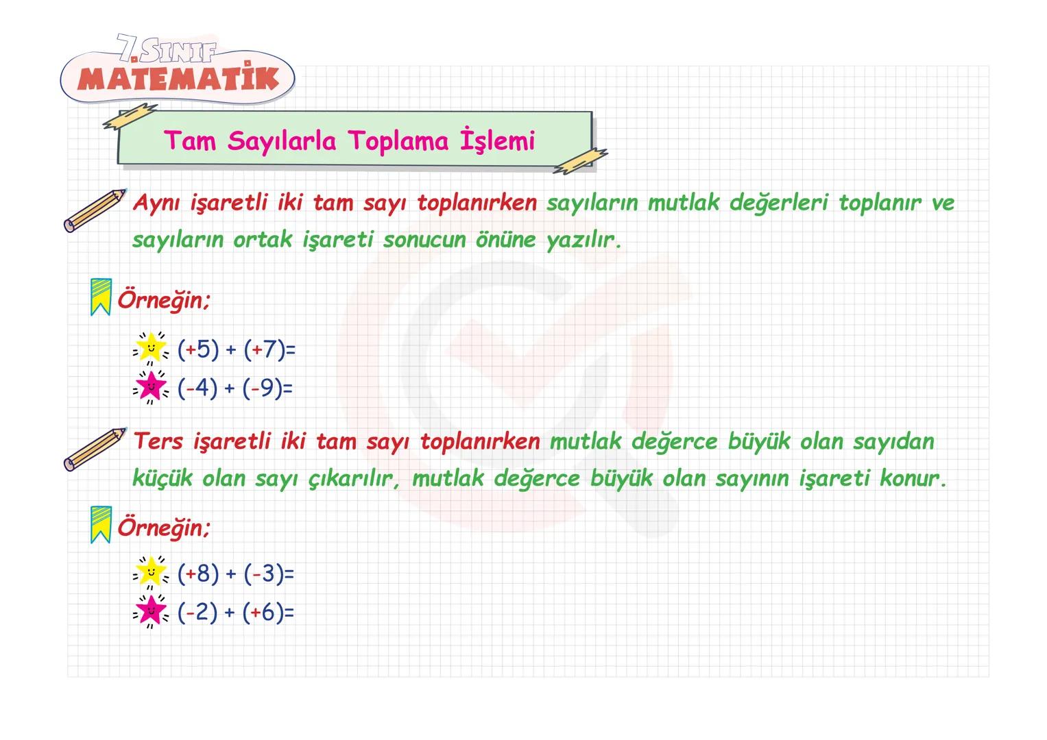 7.SINIF
MATEMATIK TAM SAYILAR
Tam Sayılarla Toplama-Çıkarma
Tam Sayılarla Çarpma-Bölme
Tam Sayılarda Üslü Nicelikler
Tam Sayı Problemleri 7.