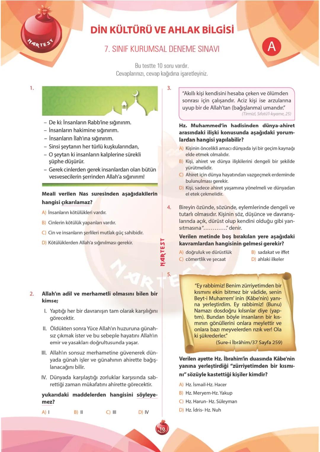 A
KİTAPÇIĞI
2019
KURUMSAL
7. SINIF KURUMSAL DENEME SINAVI
Adı Soyadı:
Okulu:
Sınıfı / Şubesi:
Numarası:
SÖZEL BÖLÜM
Dersler Soru Sayısı Topl