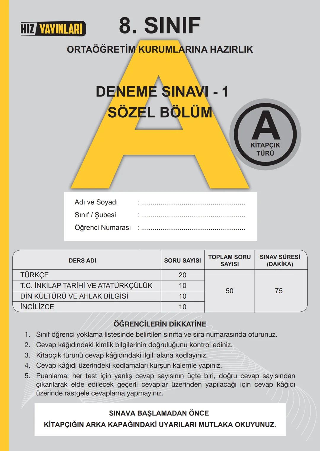 8 Sınıf deneme sınavı