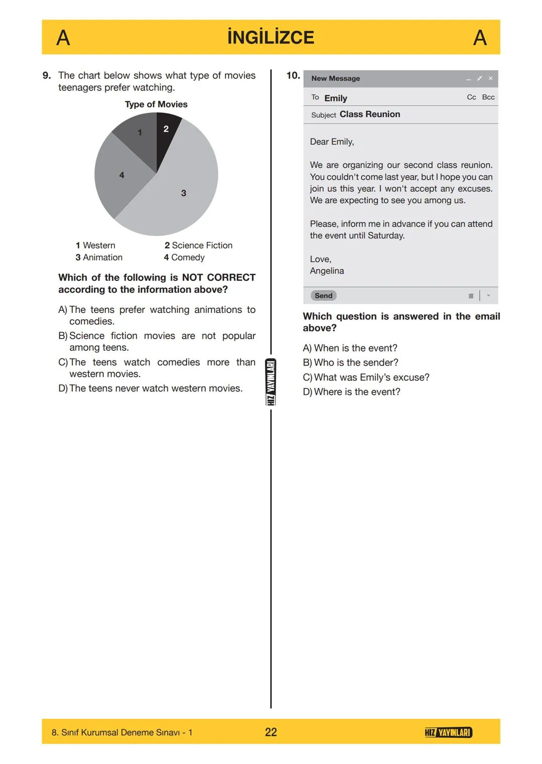 HIZ YAYINLARI
8. SINIF
ORTAÖĞRETİM KURUMLARINA HAZIRLIK
DENEME SINAVI - 1
SÖZEL BÖLÜM
A
KİTAPÇIK
TÜRÜ
Adı ve Soyadı
Sınıf / Şubesi
Öğrenci N