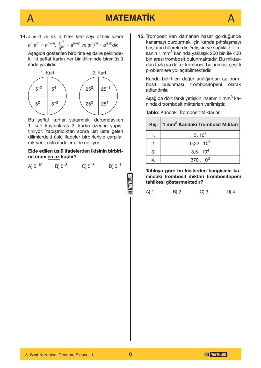 HIZ YAYINLARI
8. SINIF
ORTAÖĞRETİM KURUMLARINA HAZIRLIK
DENEME SINAVI - 1
SÖZEL BÖLÜM
A
KİTAPÇIK
TÜRÜ
Adı ve Soyadı
Sınıf / Şubesi
Öğrenci N
