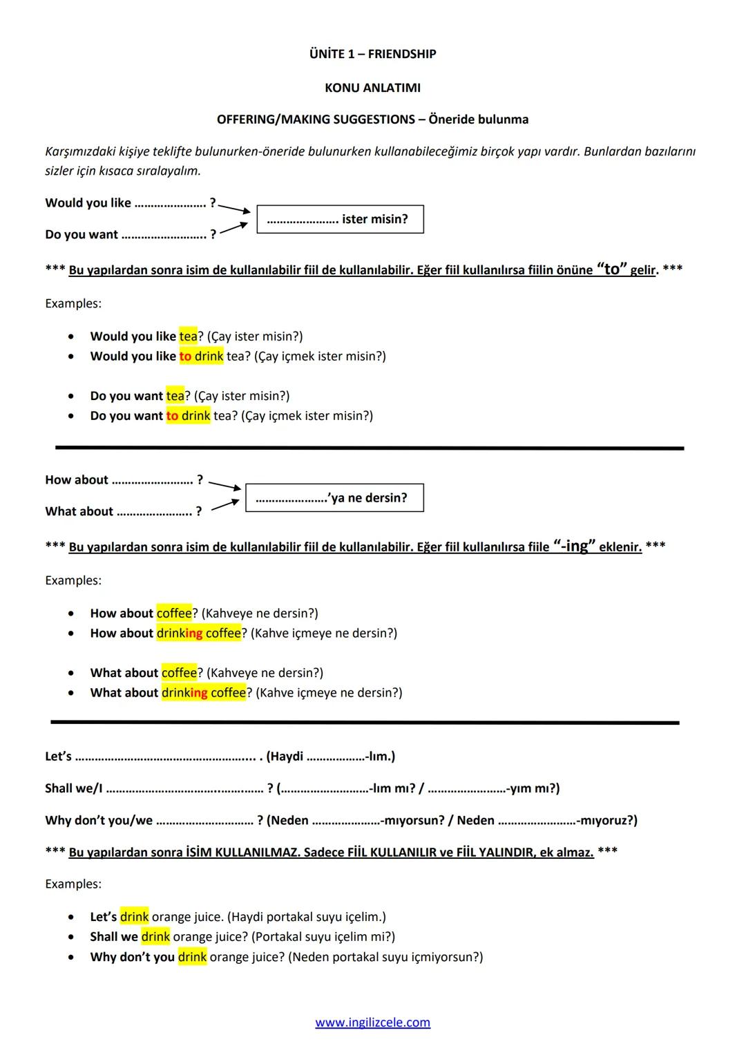 ÜNİTE 1-FRIENDSHIP
KONU ANLATIMI
OFFERING/MAKING SUGGESTIONS - Öneride bulunma
Karşımızdaki kişiye teklifte bulunurken-öneride bulunurken ku