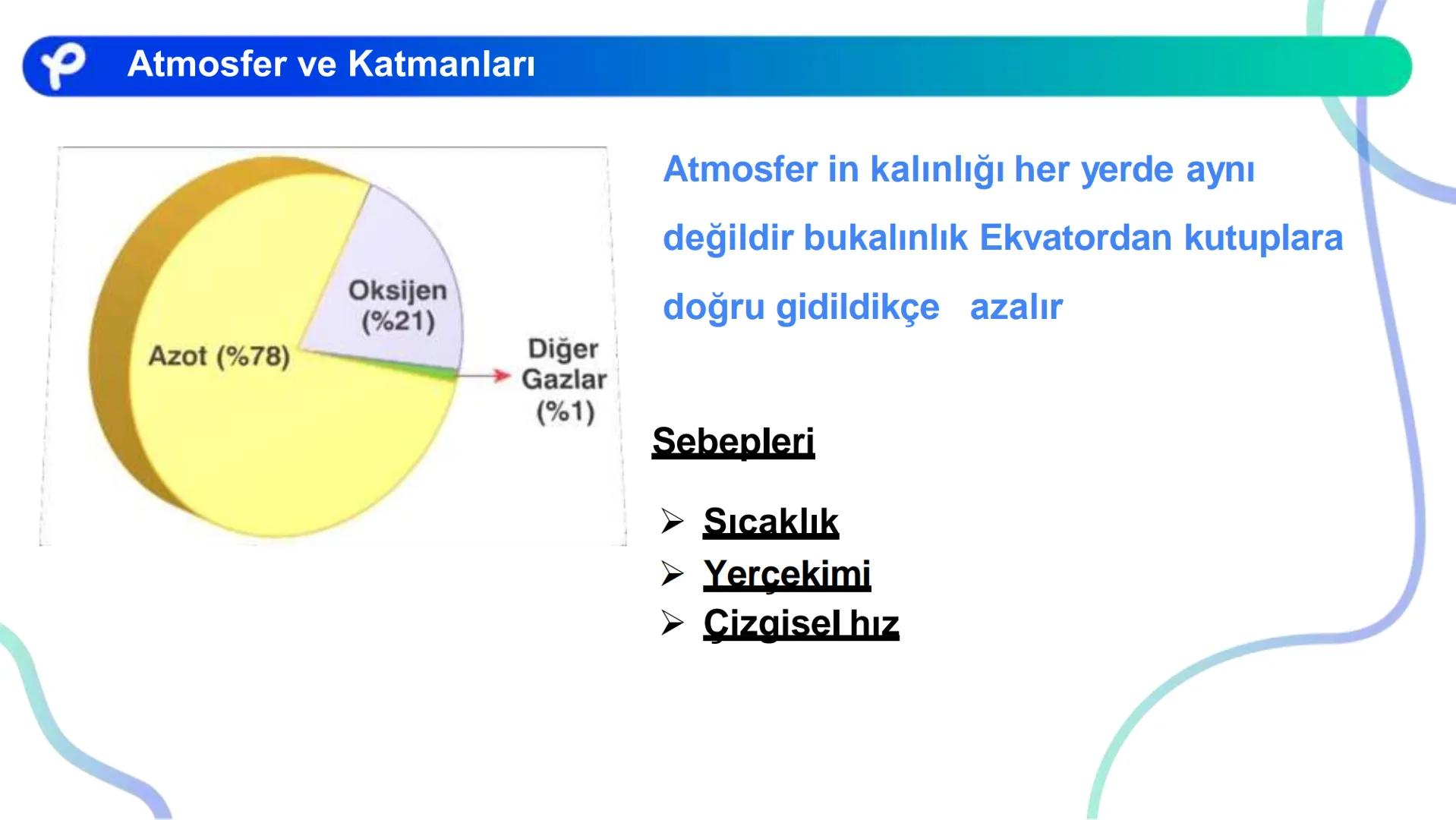 COĞRAFYA
İKLİM BİLGİSİ # İKLİM ELEMANLARI:
- Sıcaklık
- Nemlilik ve Yağış
- Basınç
- Rüzgarlar ## Atmosfer ve Katmanları
Azot (%78)
Oksije
