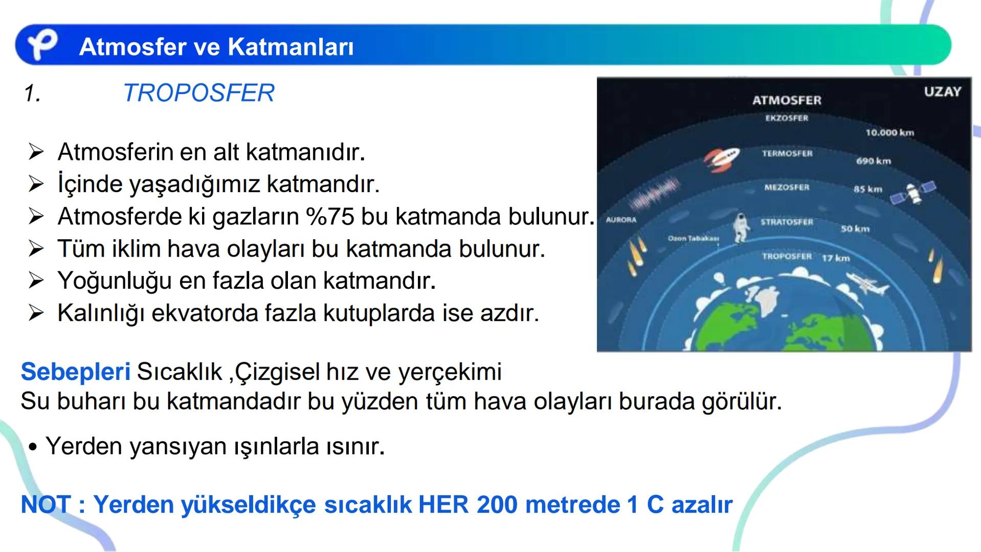 COĞRAFYA
İKLİM BİLGİSİ # İKLİM ELEMANLARI:
- Sıcaklık
- Nemlilik ve Yağış
- Basınç
- Rüzgarlar ## Atmosfer ve Katmanları
Azot (%78)
Oksije