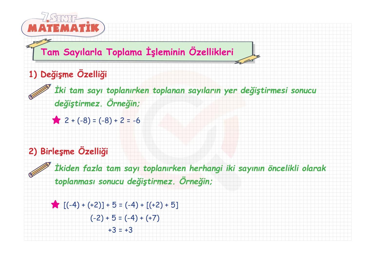 7.SINIF
MATEMATIK TAM SAYILAR
Tam Sayılarla Toplama-Çıkarma
Tam Sayılarla Çarpma-Bölme
Tam Sayılarda Üslü Nicelikler
Tam Sayı Problemleri 7.