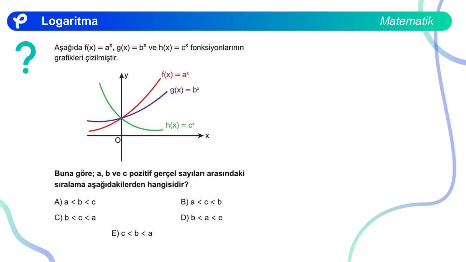 MATEMATİK
LOGARİTMA Logaritma
a > 1 olduğunda y = a<sup>x</sup> üstel fonksiyonu
bire bir örten olan artan bir fonksiyondur.
0 < a < 1 olduğ