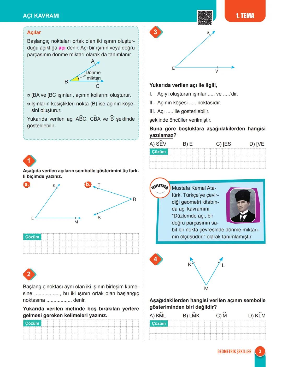 TEMEL GEOMETRİK ŞEKİLLER VE ÖZELLİKLERİ
Nokta, Doğru, Doğru Parçası ve İşın
Nokta tanımsız bir kavramdır. Noktanın uzun-
luğu, eni, alanı ve