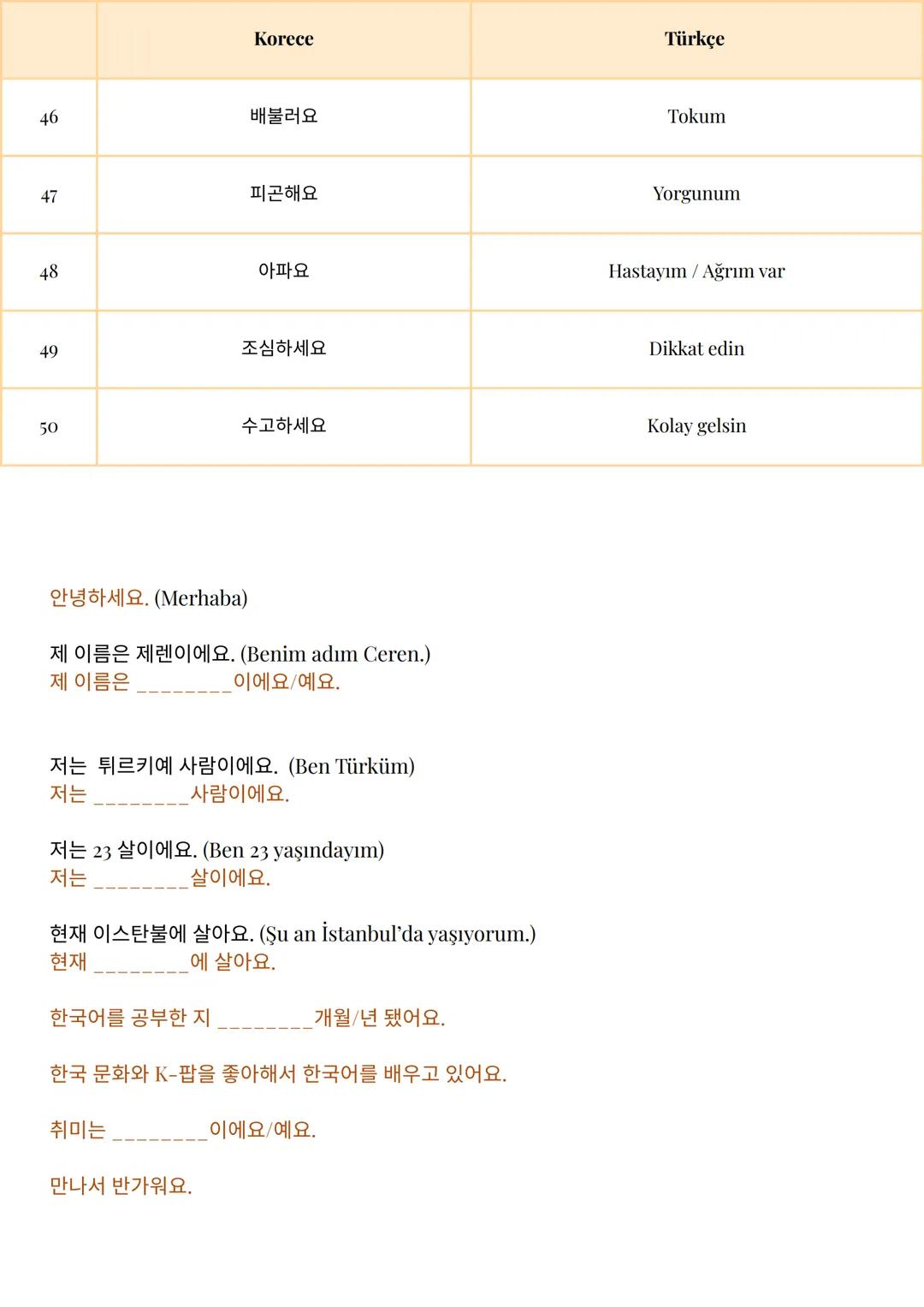 ## Korece
1 안녕하세요
2 좋은 아침이에요
3 좋은 하루 되세요
4 저녁 맛있게 드세요
5 잘자요
6 잘 지내세요?
7 잘 지내요
8 감사합니다
9 고마워요
10 아니에요
11 미안해요
12 죄송해요
13 괜찮아요
14 오늘 날씨가 좋아요