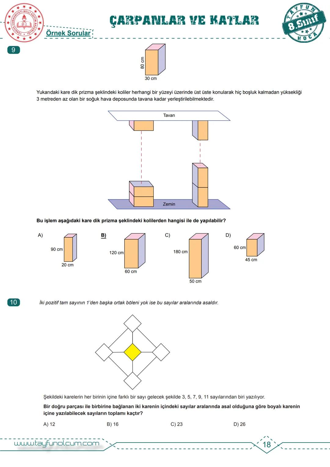 M.8.1.1.1. Verilen pozitif tam sayıların pozitif tam sayı çarpanlarını bulur, pozitif tam sayıların pozitif tam sayı
çarpanlarını üslü ifade