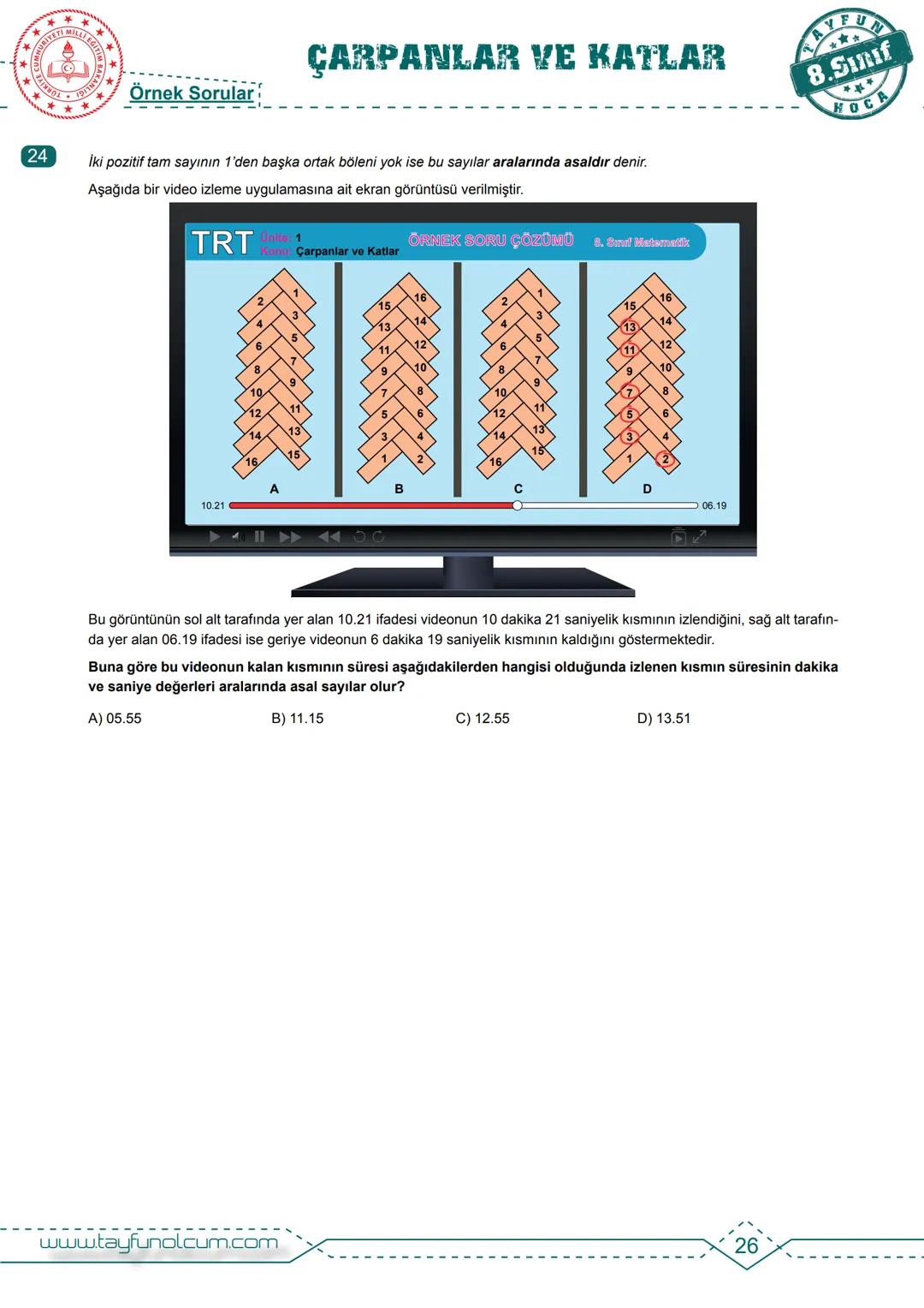 M.8.1.1.1. Verilen pozitif tam sayıların pozitif tam sayı çarpanlarını bulur, pozitif tam sayıların pozitif tam sayı
çarpanlarını üslü ifade