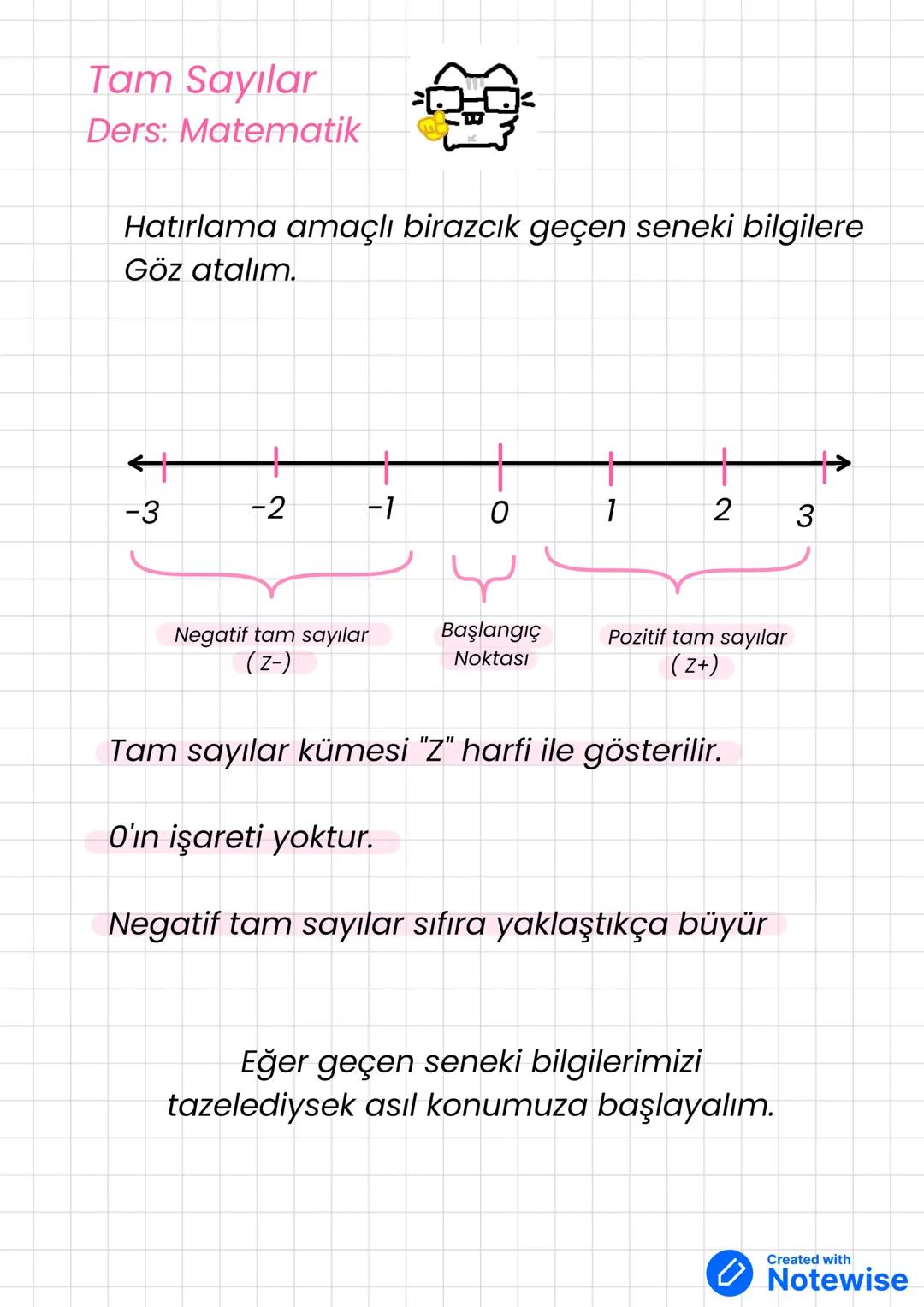 Tam Sayılar
Ders: Matematik
Hatırlama amaçlı birazcık geçen seneki bilgilere
Göz atalım.
+
→
-3
-2
-1
0
1
2
3
Negatif tam sayılar
(z-)
B