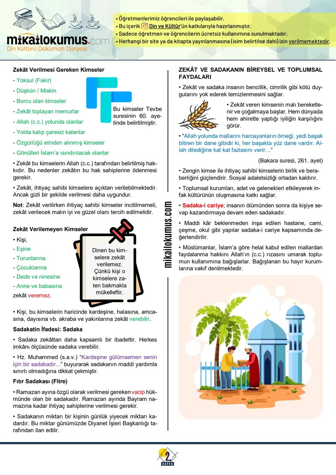 8.
SINIF
mikailokumus.com
Din Kültürü Doküman Dünyası
ZEKÂT VE SADAKA
İSLAM'IN PAYLAŞMAYA VE YARDIMLAŞMAYA VER-
DİĞİ ÖNEM
• Paylaşma ve yar