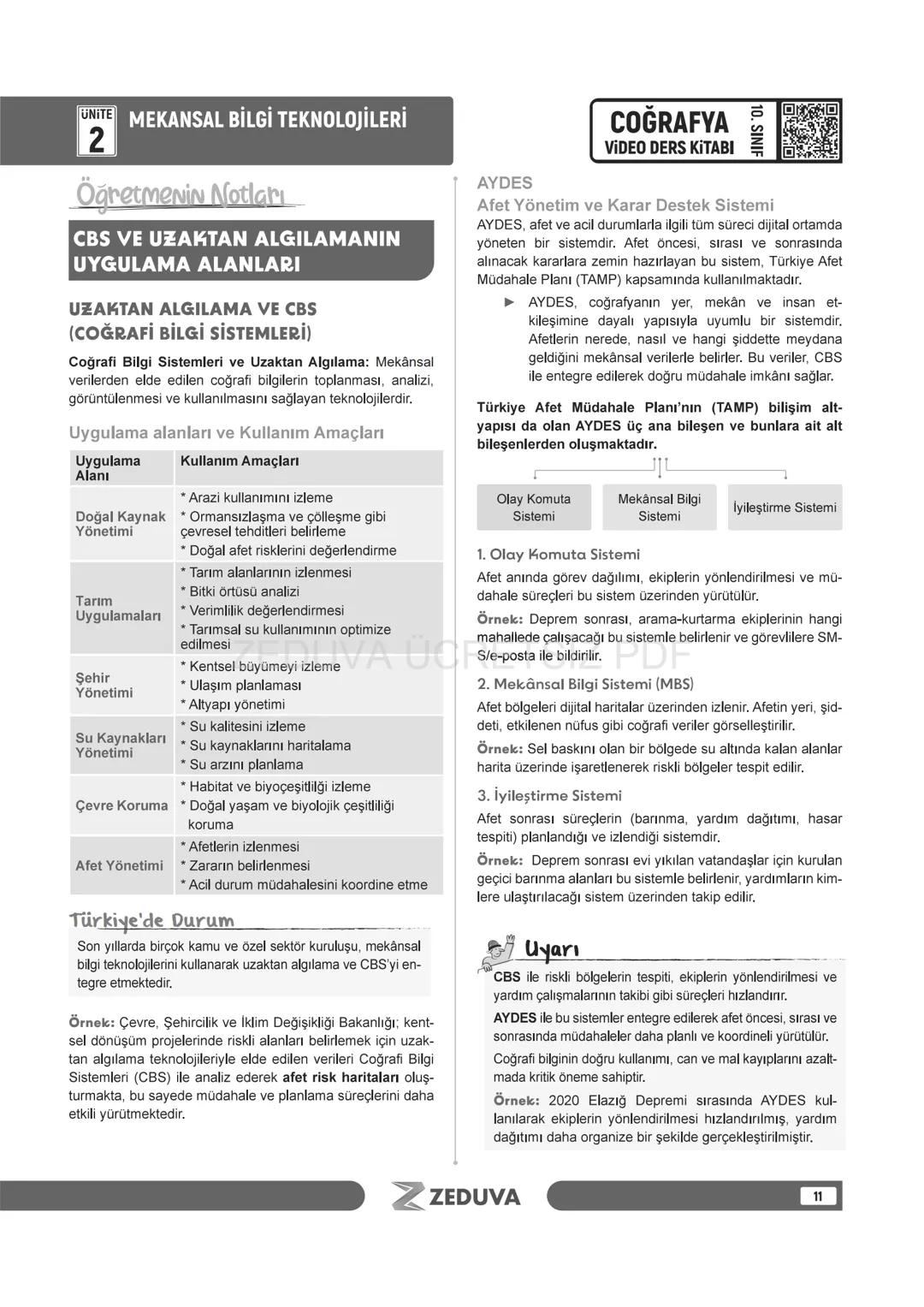 # UNITE MEKANSAL BİLGİ TEKNOLOJİLERİ
2
## Öğretmenin Notları
# CBS VE UZAKTAN ALGILAMANIN
# UYGULAMA ALANLARI
## UZAKTAN ALGILAMA VE CBS