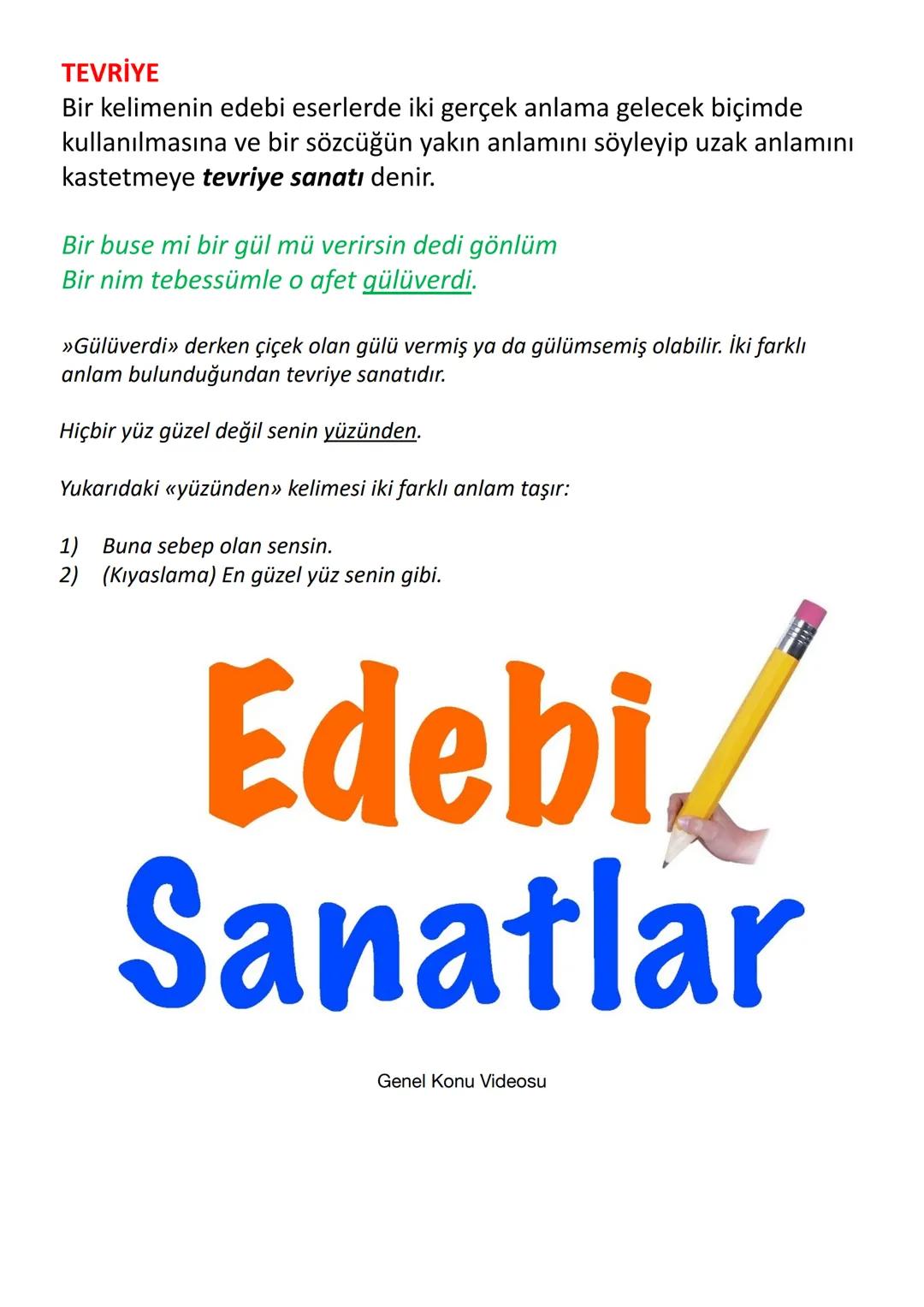 EDEBİ SANATLAR
•Teşbih
•Teşbih-i Beliğ
•İstiare
•Mecaz-ı Mürsel
•Teşhis
•İntak
•Tariz
•Tenasüp
•Kinaye
• İrsalimesel
•Tezat
•Telmih
•Hüsnüt