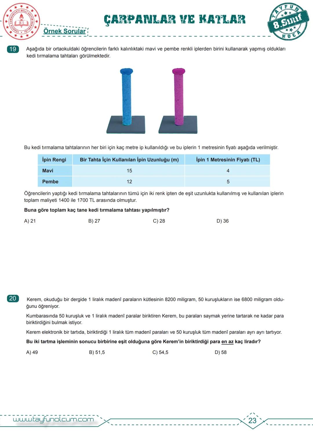 M.8.1.1.1. Verilen pozitif tam sayıların pozitif tam sayı çarpanlarını bulur, pozitif tam sayıların pozitif tam sayı
çarpanlarını üslü ifade