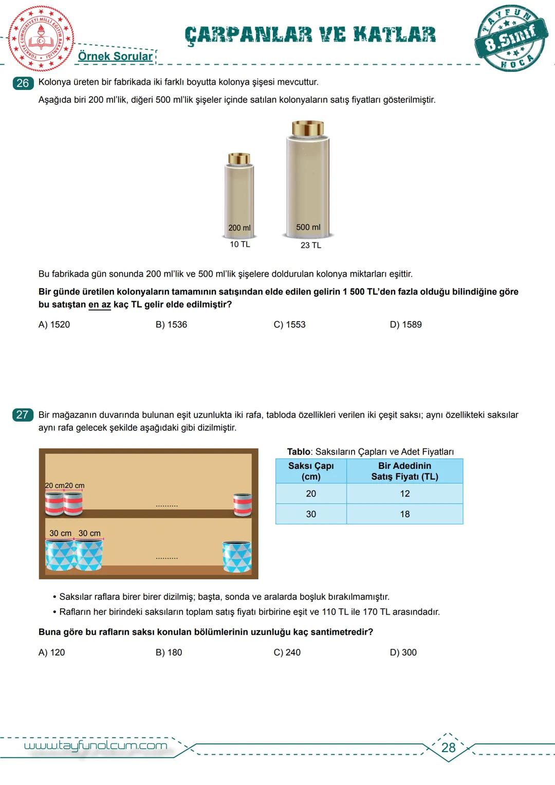 M.8.1.1.1. Verilen pozitif tam sayıların pozitif tam sayı çarpanlarını bulur, pozitif tam sayıların pozitif tam sayı
çarpanlarını üslü ifade