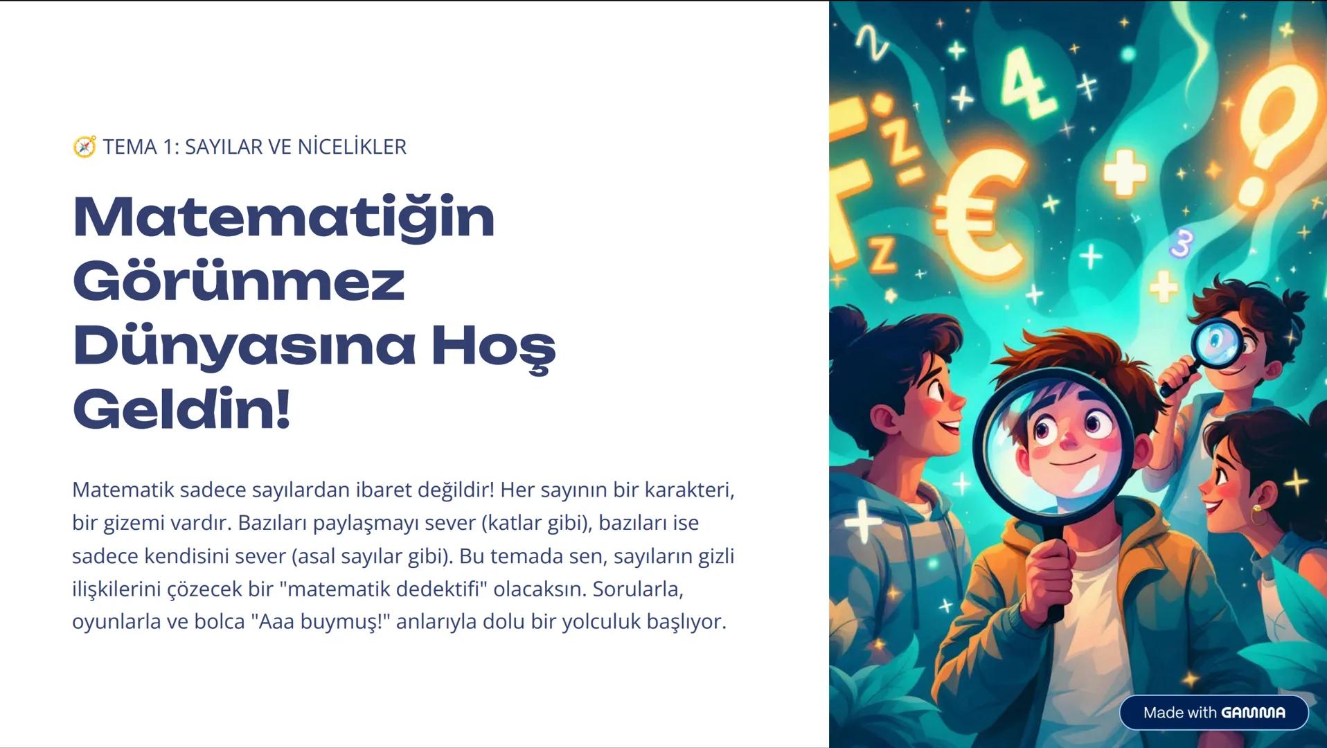 + 4
-
Z
€
+
+
TEMA 1: SAYILAR VE NİCELİKLER
Matematiğin
Görünmez
Dünyasına Hoş
Geldin!
Matematik sadece sayılardan ibaret değildir! Her sa