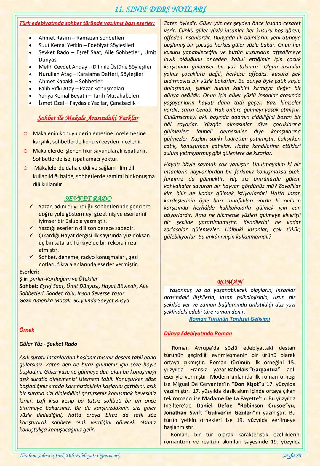 # 11. SINIF DERS NOTLARI
EDEBİYAT TOPLUM İLİŞKİSİ
Edebiyat; duygu, düşünce ve hayallerin insanlara
estetik bir zevk içerisinde sözlü veya