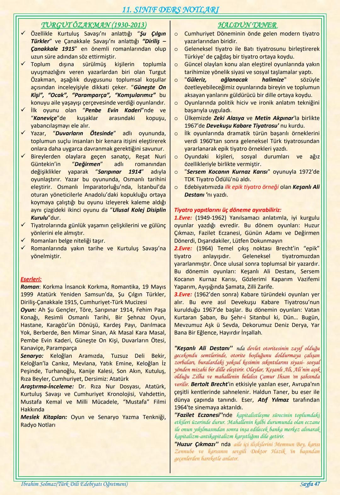 # 11. SINIF DERS NOTLARI
EDEBİYAT TOPLUM İLİŞKİSİ
Edebiyat; duygu, düşünce ve hayallerin insanlara
estetik bir zevk içerisinde sözlü veya
