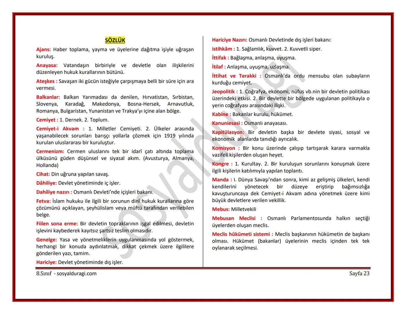 II. ÜNİTE: MİLLİ UYANIŞ: BAĞIMSIZLIK YOLUNDA ATILAN ADIMLAR DERS NOTLARI
I. DÜNYA SAVAŞI (1914-1918)
* Genel Sebepler
* 1789 Fransız İ