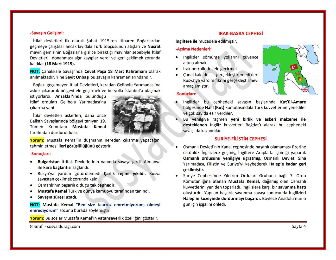 II. ÜNİTE: MİLLİ UYANIŞ: BAĞIMSIZLIK YOLUNDA ATILAN ADIMLAR DERS NOTLARI
I. DÜNYA SAVAŞI (1914-1918)
* Genel Sebepler
* 1789 Fransız İ