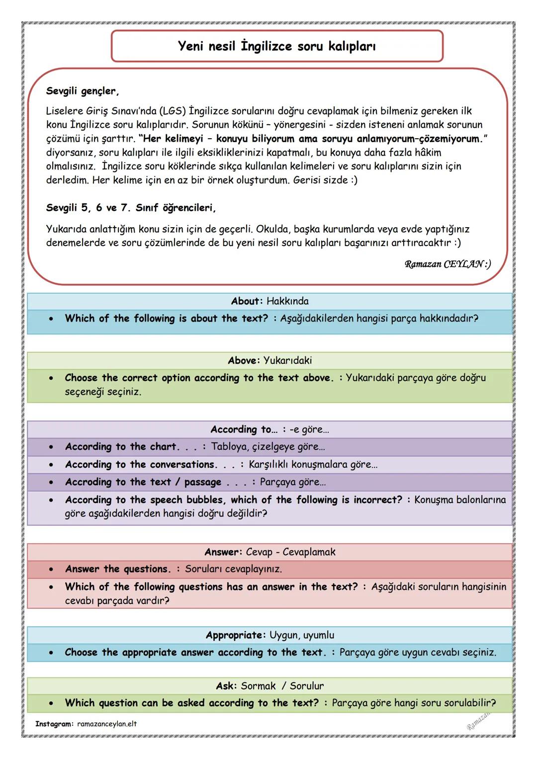 # Yeni nesil İngilizce soru kalıpları
Sevgili gençler,
Liselere Giriş Sınavı'nda (LGS) İngilizce sorularını doğru cevaplamak için bilmeniz
