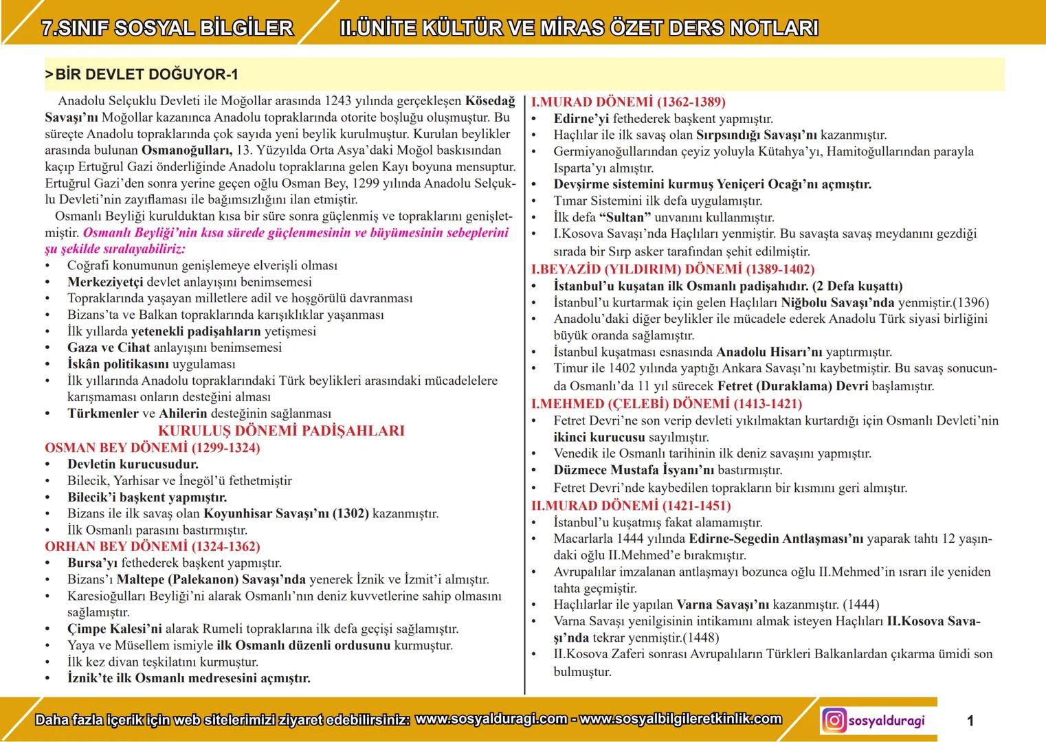 # 7.SINIF SOSYAL BİLGİLER II. ÜNİTE KÜLTÜR VE MİRAS ÖZET DERS NOTLARI
> BİR DEVLET DOĞUYOR-1
Anadolu Selçuklu Devleti ile Moğollar arasınd