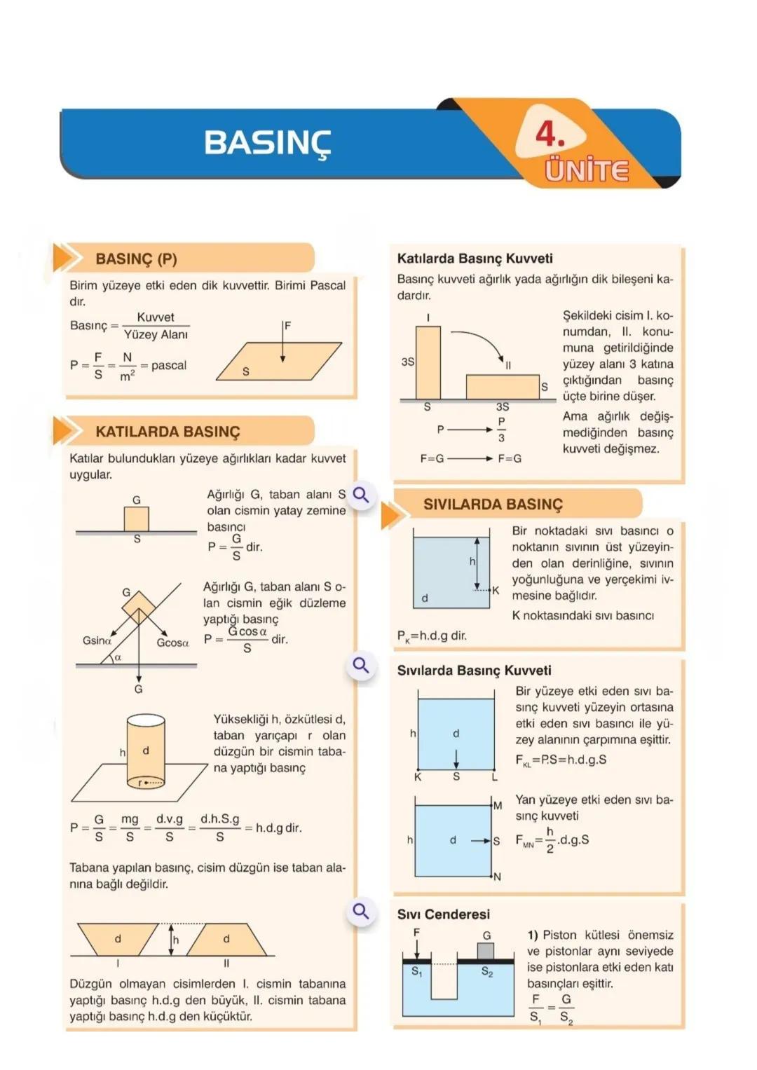 # BASINÇ
BASINÇ (P)
Birim yüzeye etki eden dik kuvvettir. Birimi Pascal dır.
$Basınç = \frac{Kuvvet}{Yüzey Alanı}$
$P = \frac{F}{S} = \f
