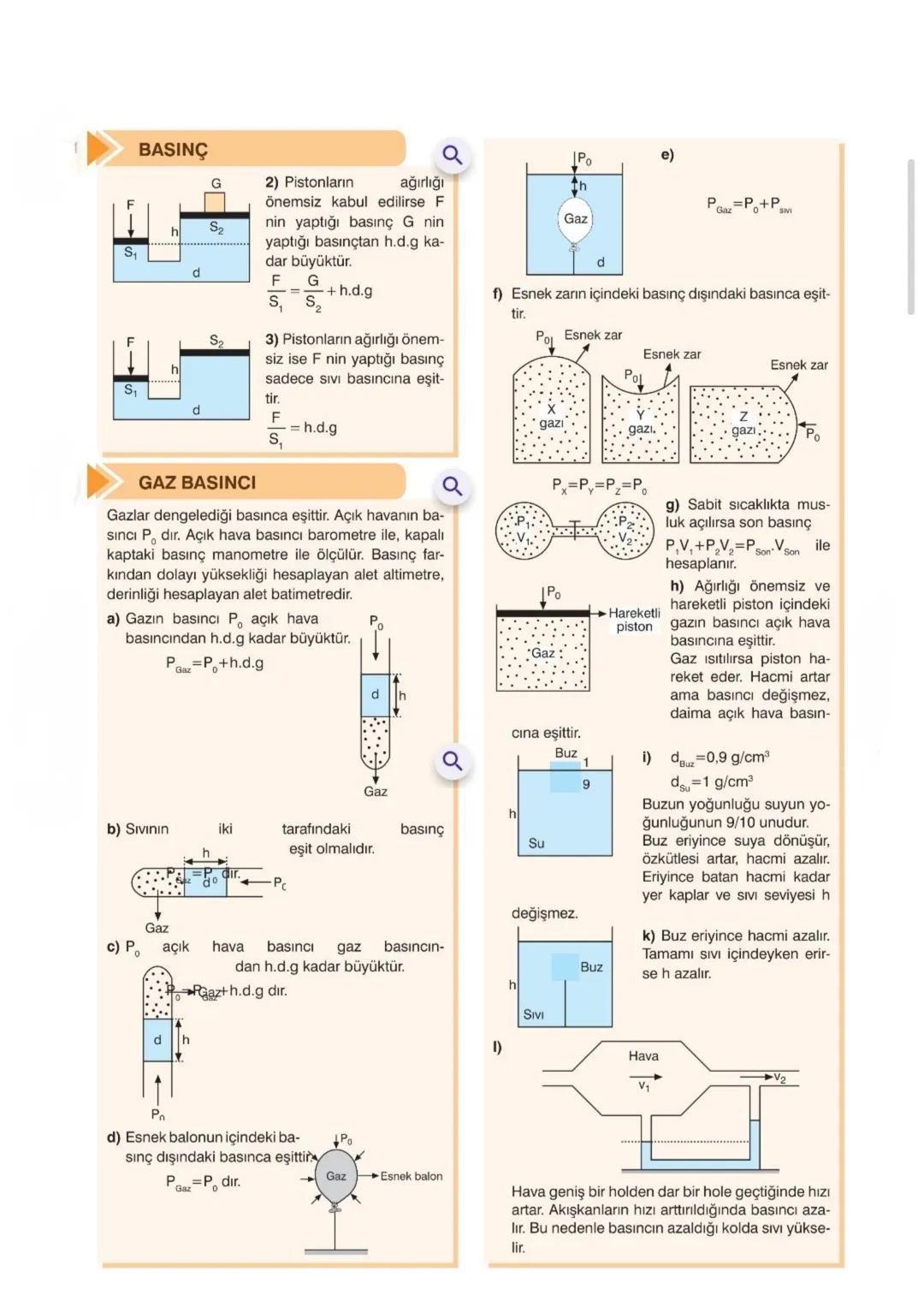 # BASINÇ
BASINÇ (P)
Birim yüzeye etki eden dik kuvvettir. Birimi Pascal dır.
$Basınç = \frac{Kuvvet}{Yüzey Alanı}$
$P = \frac{F}{S} = \f