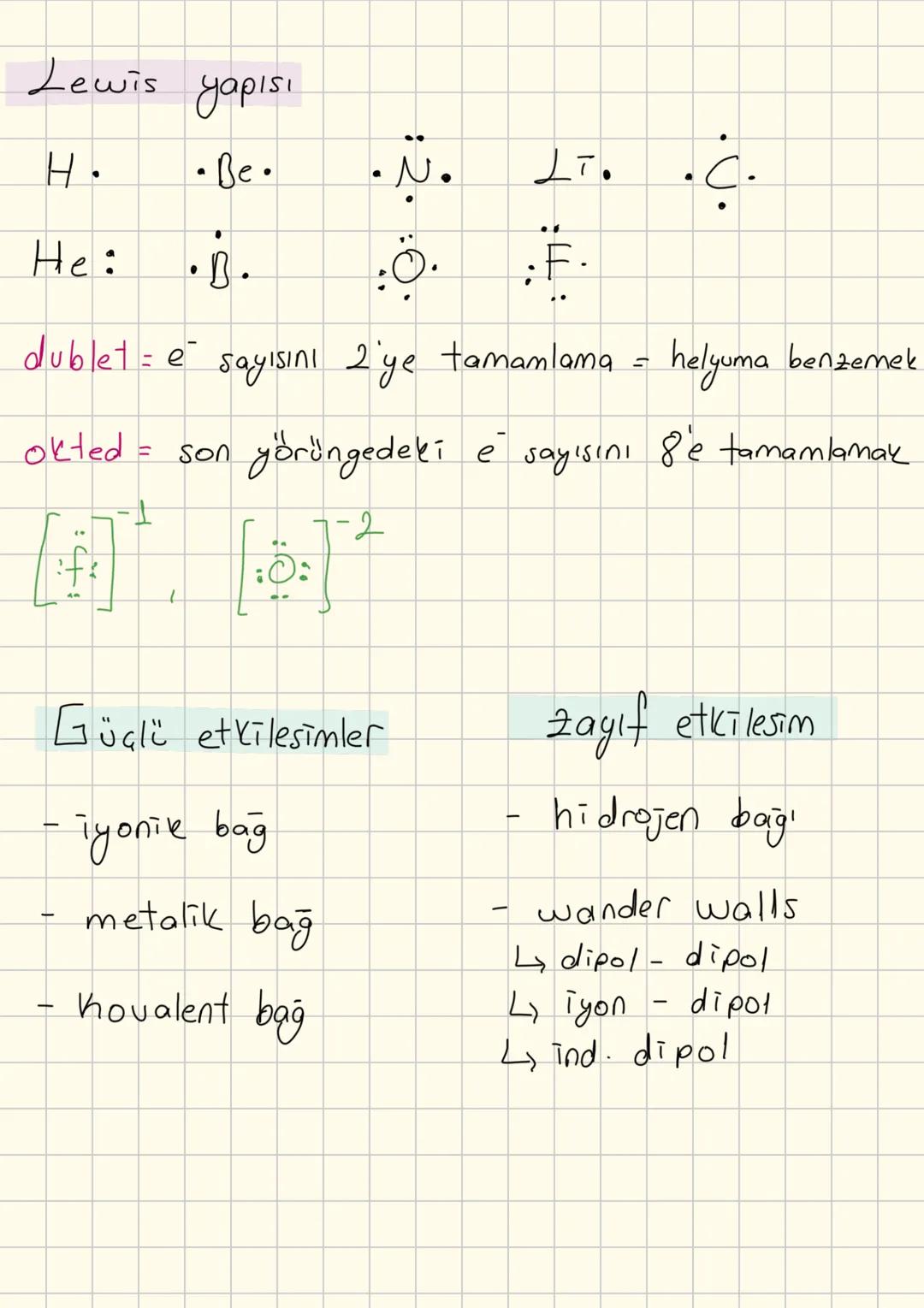 Lewis yapısı
H.
Be.
.N.
LT...
He:
.B.
:F.
dublet = e sayısını 2'ye tamamlama = helyuma benzemek
okted = son yörüngedeki e sayısını 8'e tama