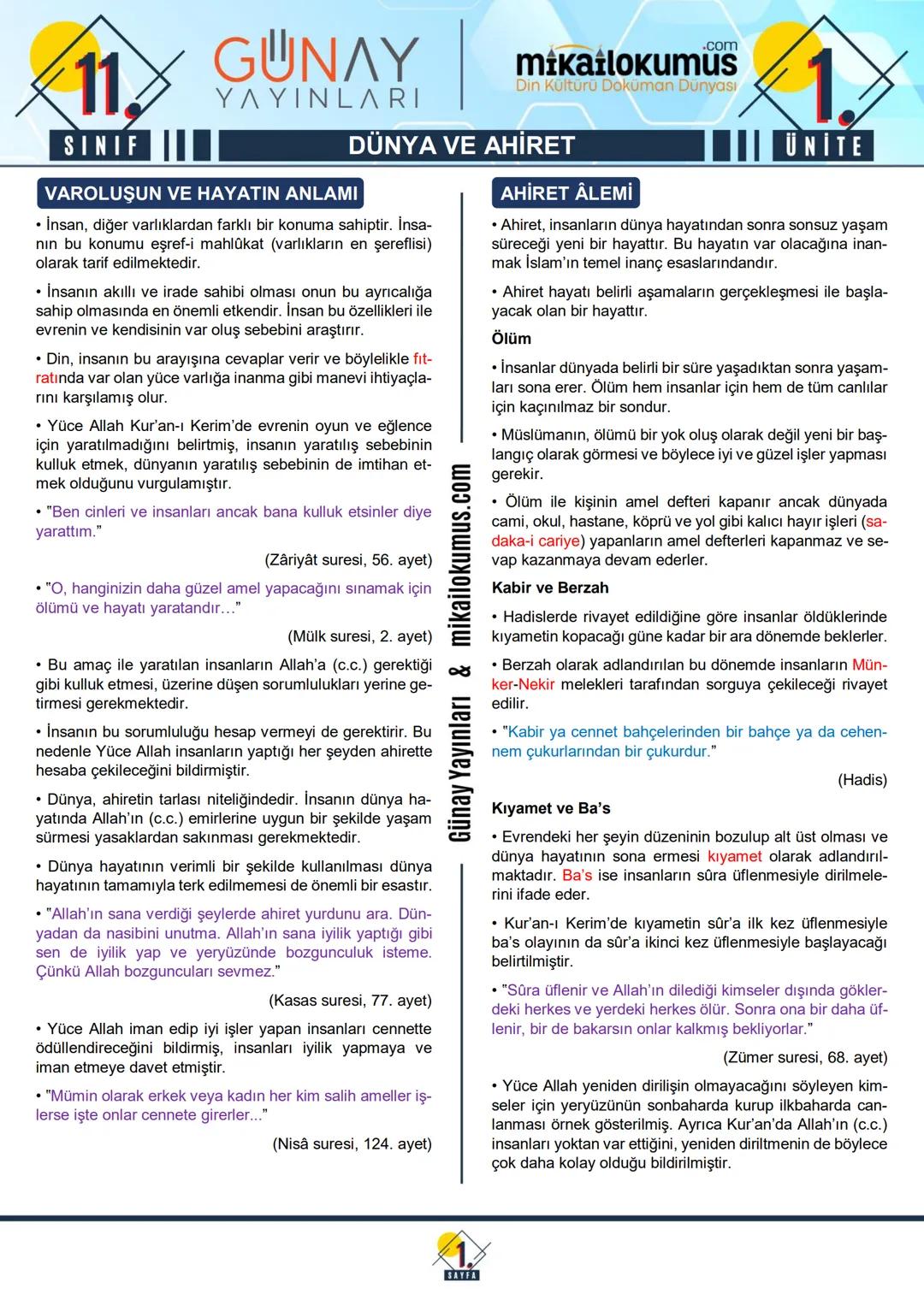 11
SINIF
GUNAY
YAYINLARI
.com
mikailokumus
Din Kültüru Dokuman Dunyası
1.
ÜNİTE
DÜNYA VE AHİRET
VAROLUŞUN VE HAYATIN ANLAMI
AHİRET AL