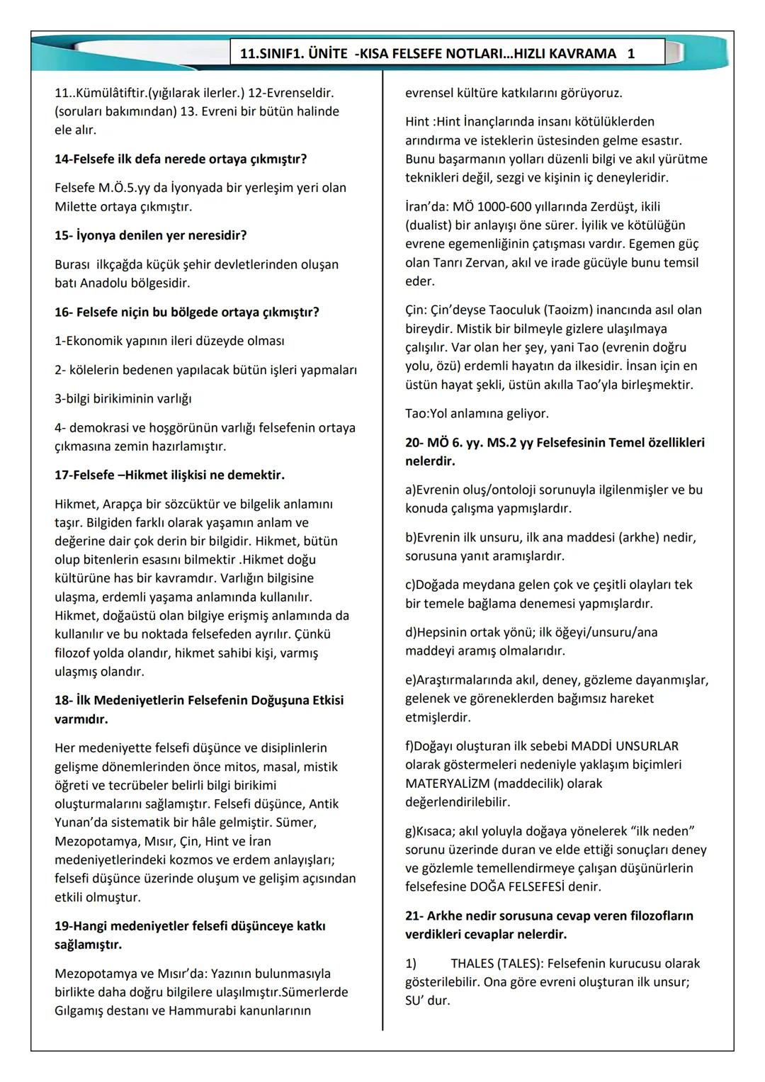 # 11.SINIF 1. ÜNİTE -KISA FELSEFE NOTLARI...HIZLI KAVRAMA 1
1- Felsefenin anlamını açıklayınız
Yunanca "seviyorum", "ardından gidiyorum",