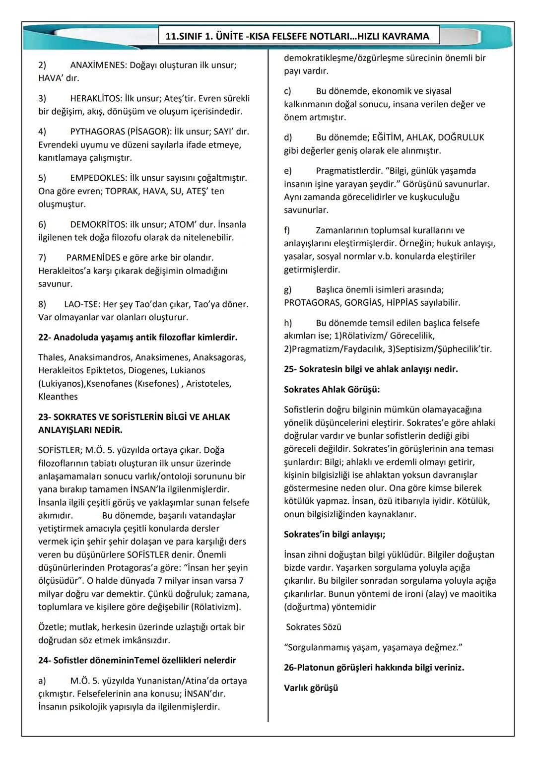 # 11.SINIF 1. ÜNİTE -KISA FELSEFE NOTLARI...HIZLI KAVRAMA 1
1- Felsefenin anlamını açıklayınız
Yunanca "seviyorum", "ardından gidiyorum",
