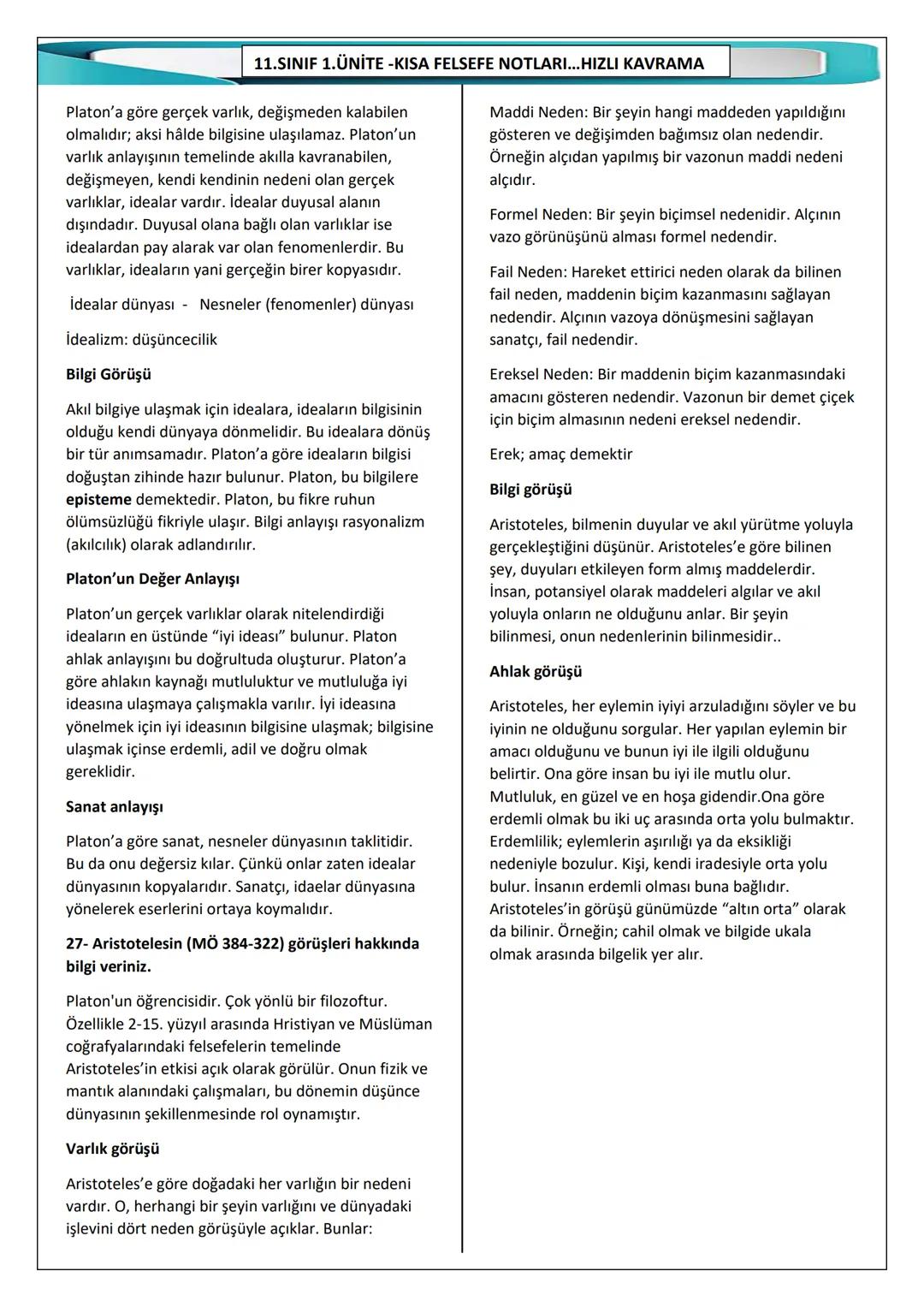 # 11.SINIF 1. ÜNİTE -KISA FELSEFE NOTLARI...HIZLI KAVRAMA 1
1- Felsefenin anlamını açıklayınız
Yunanca "seviyorum", "ardından gidiyorum",