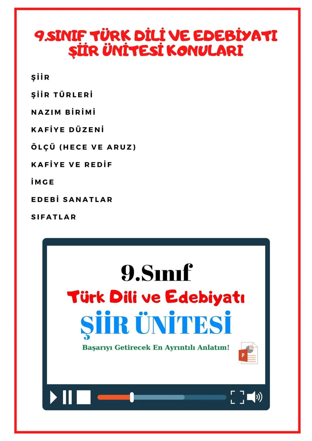# DENİZ HOCA
# 9.SINIF
# TÜRK DİLİ
# VE
# EDEBİYATI
---
## ŞİİR ÜNİTESİ
## VİDEO DESTEKLİ ÖZET ÇALIŞMA KAĞIDI # 9.SINIF TÜRK DİLİ VE EDEB