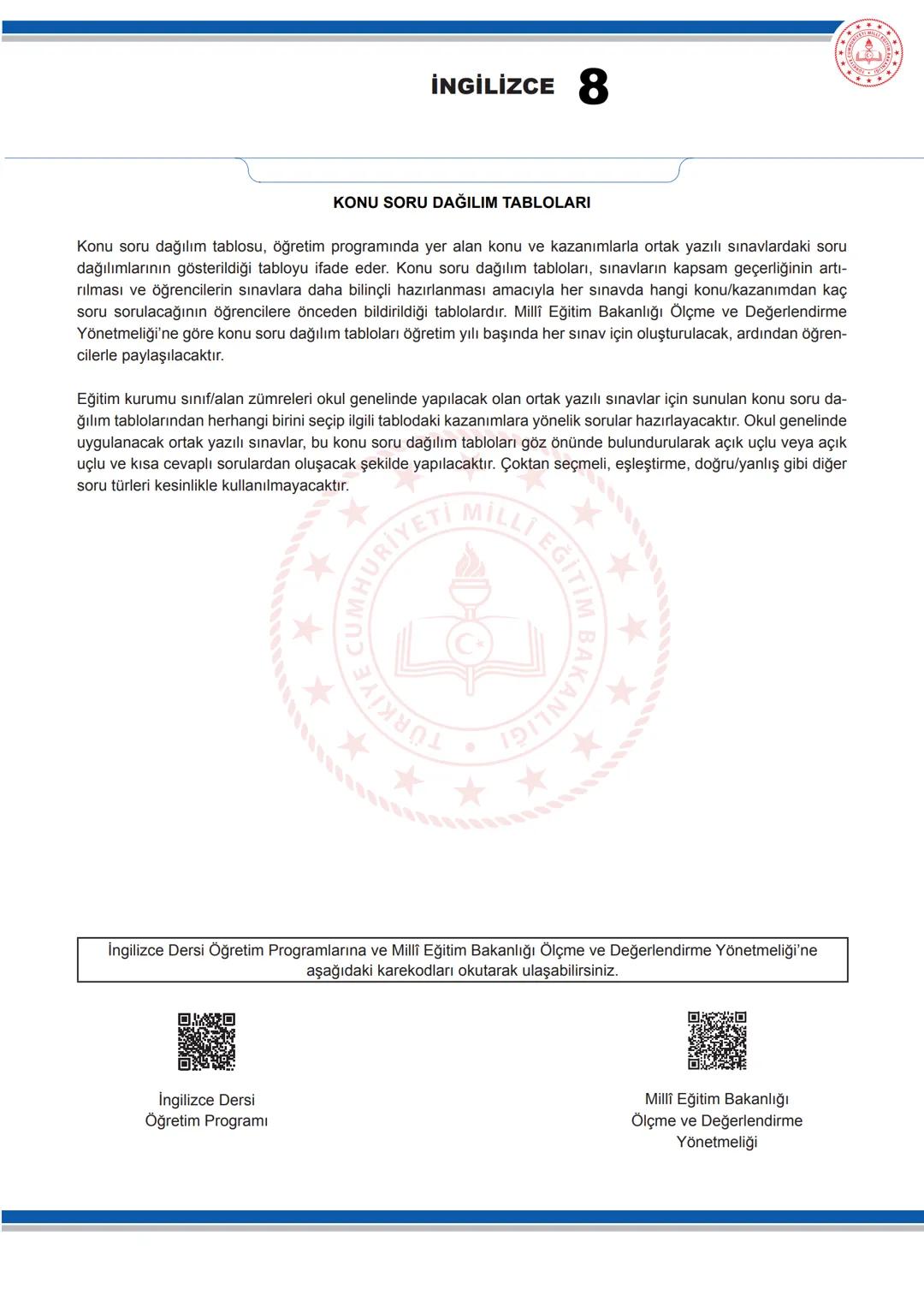 # İNGİLİZCE 8
KONU SORU DAĞILIM TABLOLARI
Konu soru dağılım tablosu, öğretim programında yer alan konu ve kazanımlarla ortak yazılı sınavl