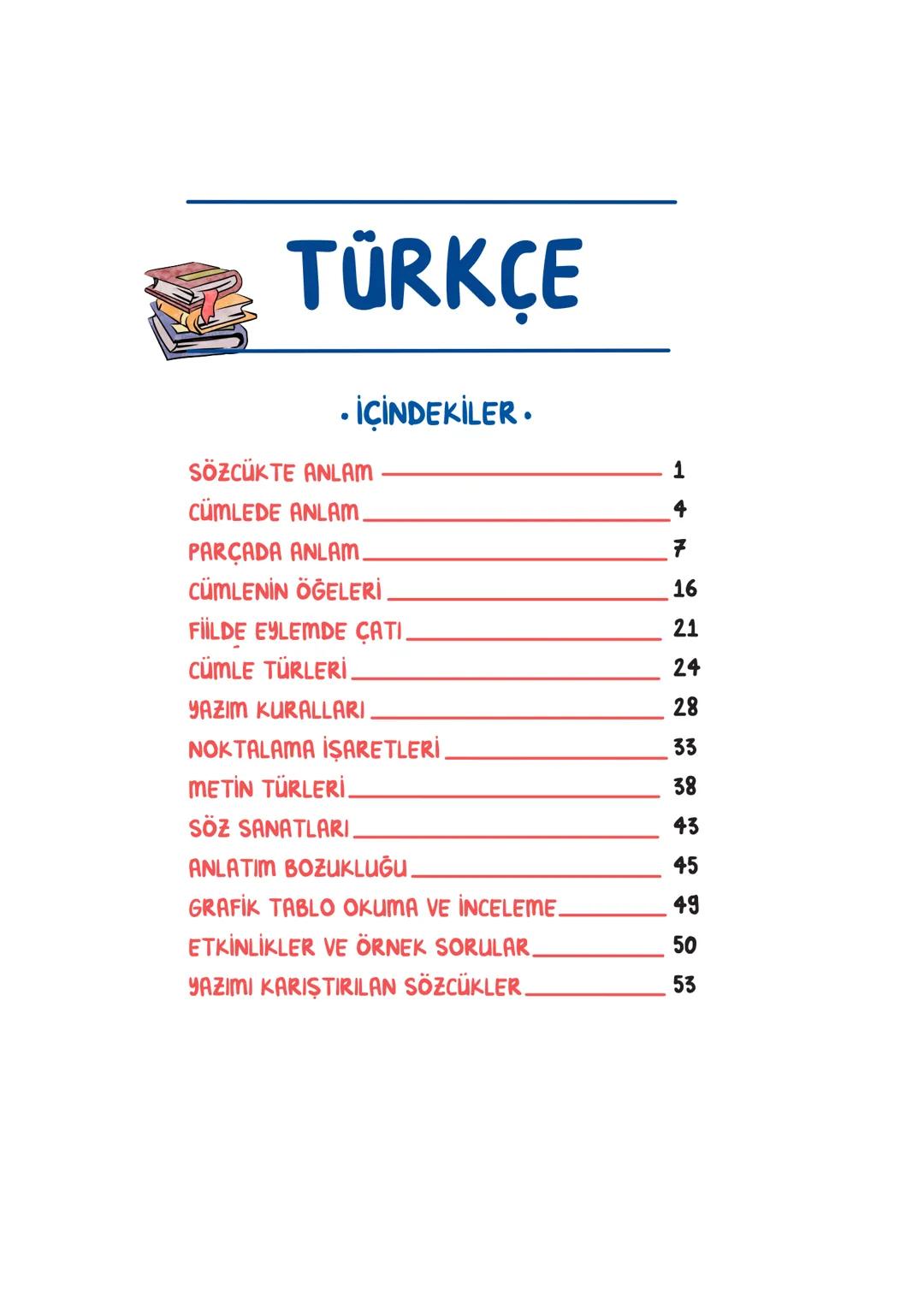 TÜRKÇE
• İÇİNDEKİLER.
SÖZCÜKTE ANLAM 1
CÜMLEDE ANLAM. 4
PARÇADA ANLAM. 7
CÜMLENİN ÖĞELERİ 16
FİİLDE EYLEMDE ÇATI. 21
CÜMLE TÜRLERİ 24