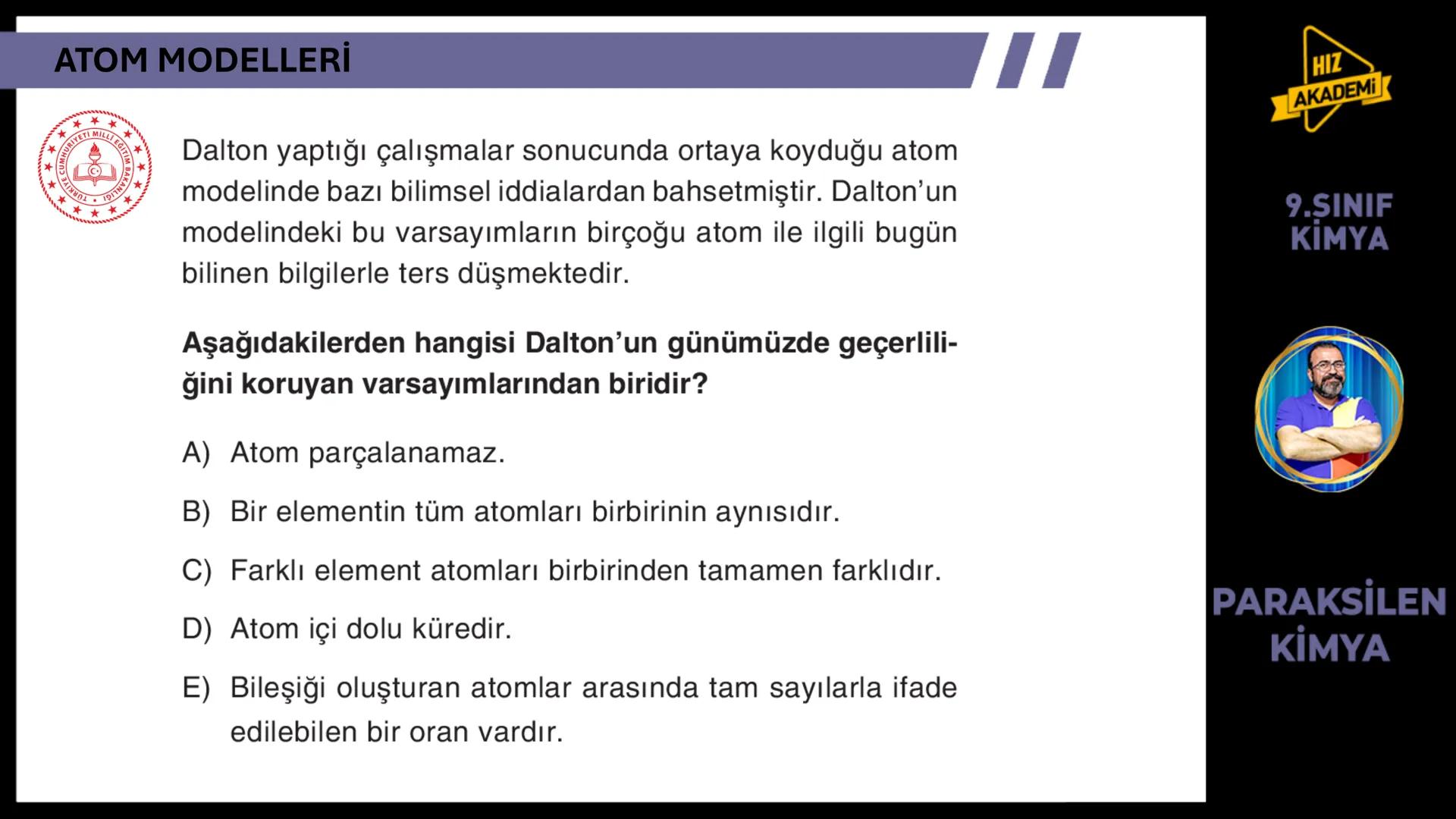 # 1. TEMA
1.2.1
ATOM
TEORİLERİ
VE ATOMUN
YAPISI
9.SINIF
KİMYA
PARAKSİLEN
KİMYA # BU KONUDAN ÇÖZECEĞİMİZ SORU SAYISI
# 72
# 9.SINIF KİMY