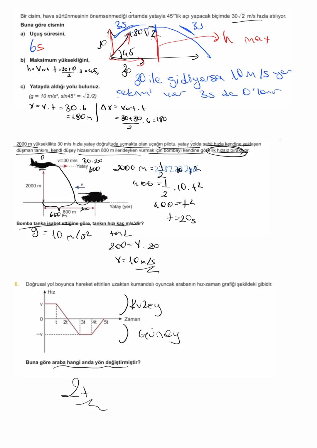 Bir cisim, hava sürtünmesinin önemsenmediği ortamda yatayla 45°'lik açı yapacak biçimde 302 m/s hızla atılıyor.
Buna göre cismin
a) Uçuş sür