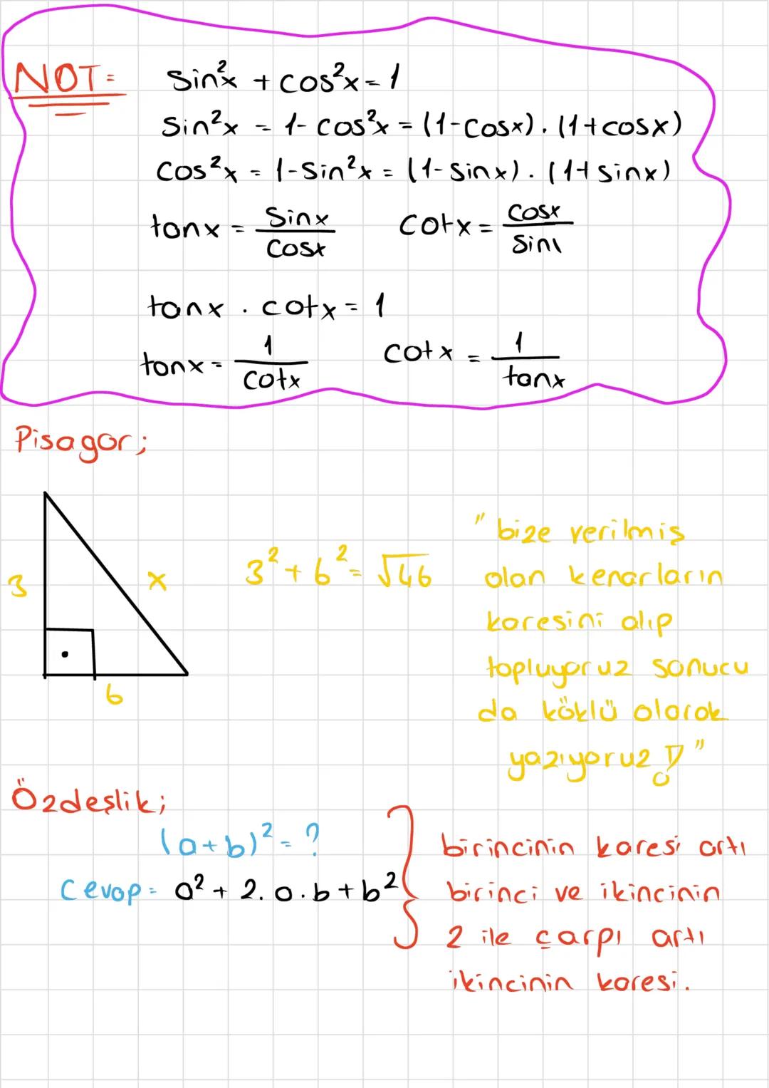 = Tirigonometrik =
Oranlar
Sin=$
korşı
hipotenüs
ton = karşı
komşu
Örnek;
Cos=$
komşu
hipotenüs
Cot=komşu
karş
Trigonometrik
formül