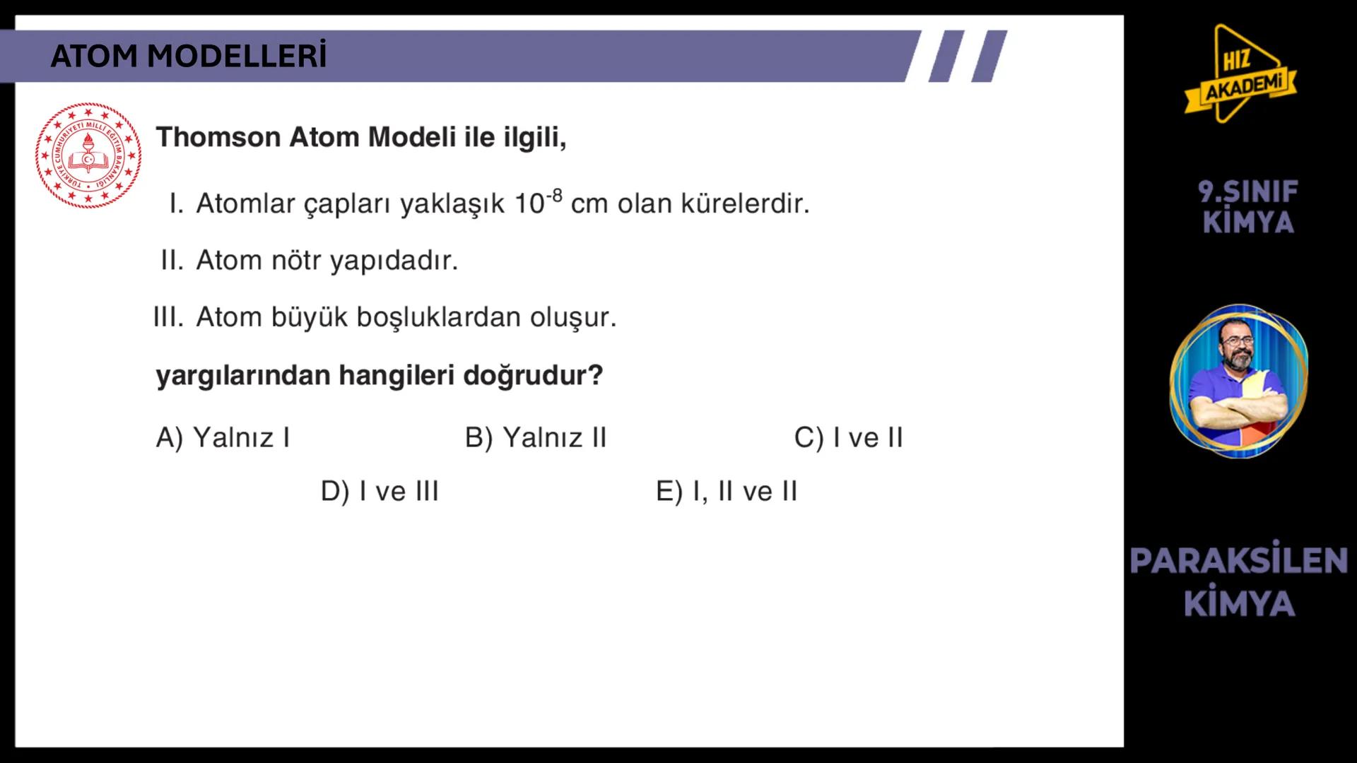# 1. TEMA
1.2.1
ATOM
TEORILERI
VE ATOMUN
YAPISI
9.SINIF
KIMYA
PARAKSİLEN
KİMYA # BU KONUDAN ÇÖZECEĞİMİZ SORU SAYISI
# 72
9.SINIF
KİMYA