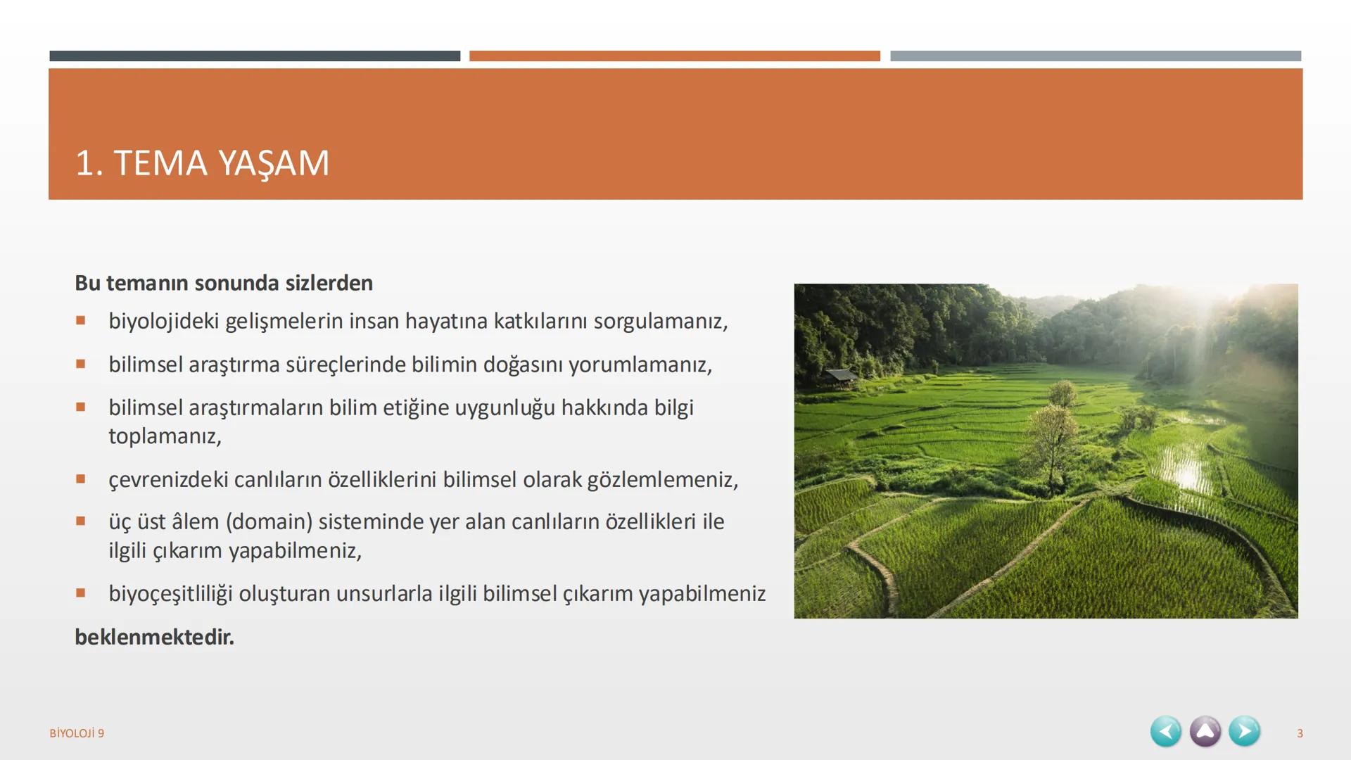 YAŞAM
1. TEMA
BİYOLOJİ 9
1 1. TEMA YAŞAM
1.1. BİYOLOJİNİN ÖNEMİ VE BİYOLOJİDEKİ DÖNÜM NOKTALARININ İNSAN HAYATINA KATKILARI
1.2. BİLİM,