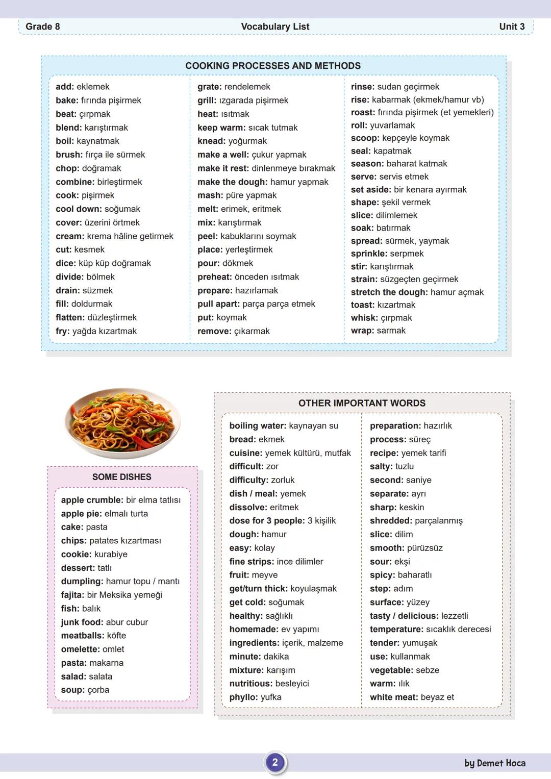 Grade 8
Vocabulary List
Unit 3
PROCESS WORDS
first: ilk olarak
second: ikinci olarak
next: sonra
then: daha sonra
after that: ondan sonra
f