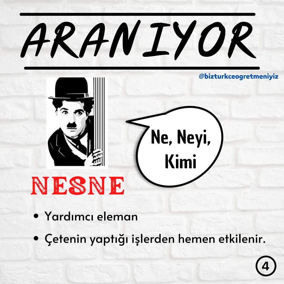 # CÜMLENİN
## ÖGELERİ
1
@bizturkceogretmeniyiz ARANIYOR
@bizturkceogretmeniyiz
YÜKLEM
• Çete lideri
• İş, oluş, hareket planlar.
• C